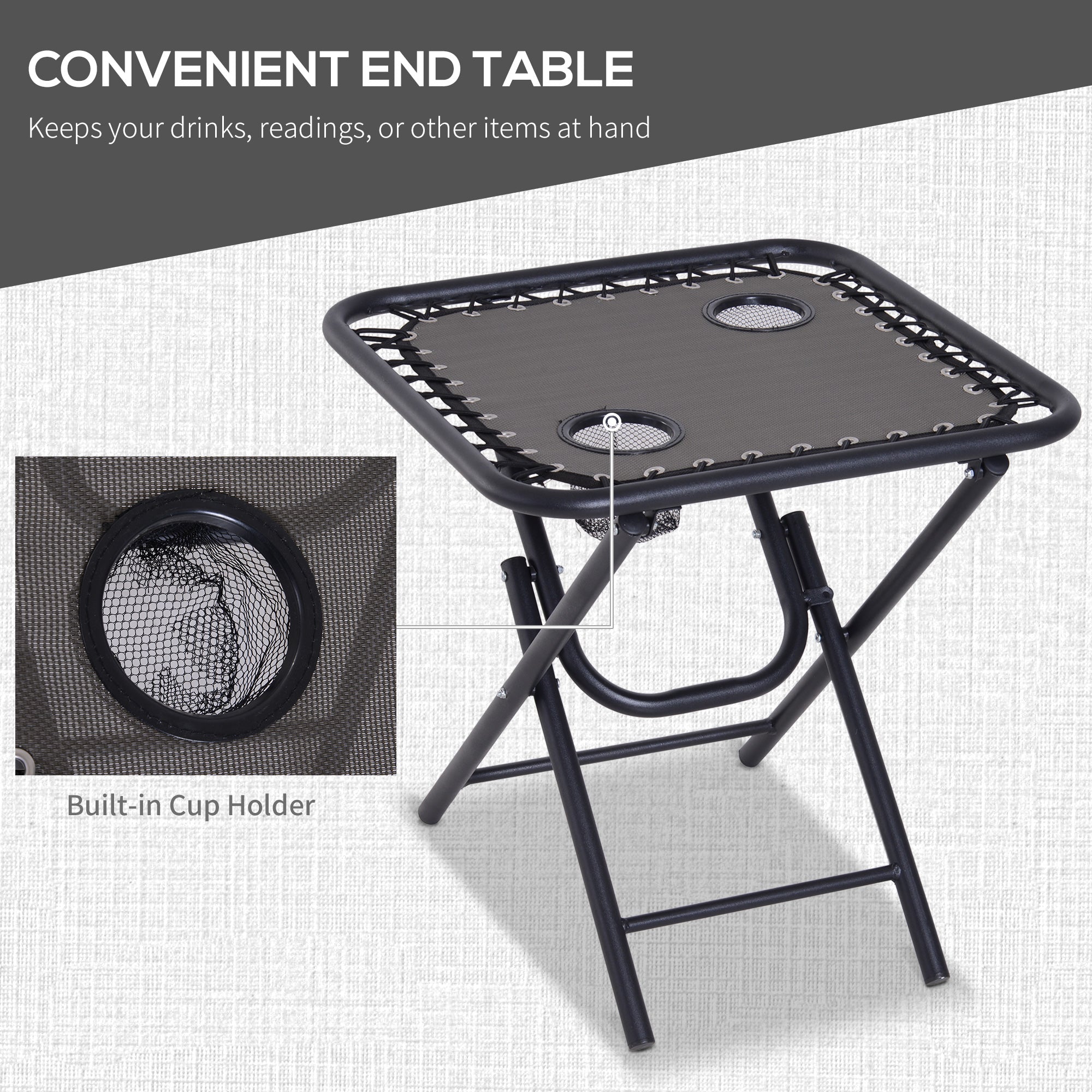Outsunny 3pcs Folding Zero Gravity Chairs Sun Lounger Table Set w/ Cup Holders Reclining Garden Yard Pool, Dark Grey - North Peak Garden Furniture