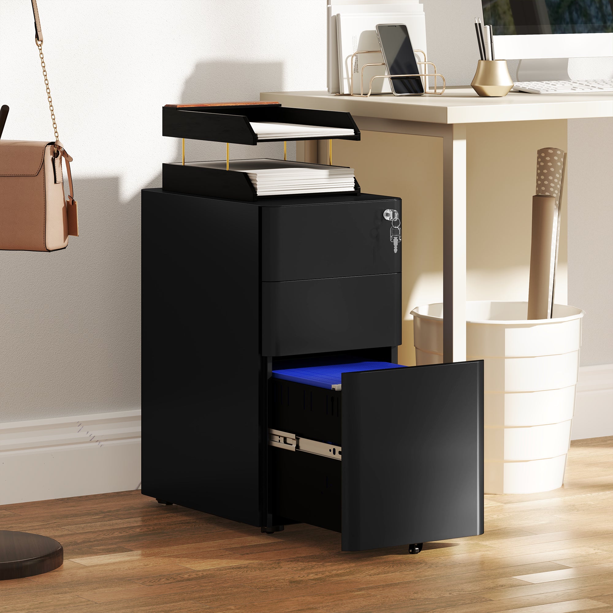 Vinsetto 3-Drawer Steel Filing Cabinet with Lock - Black - North Peak Garden Furniture