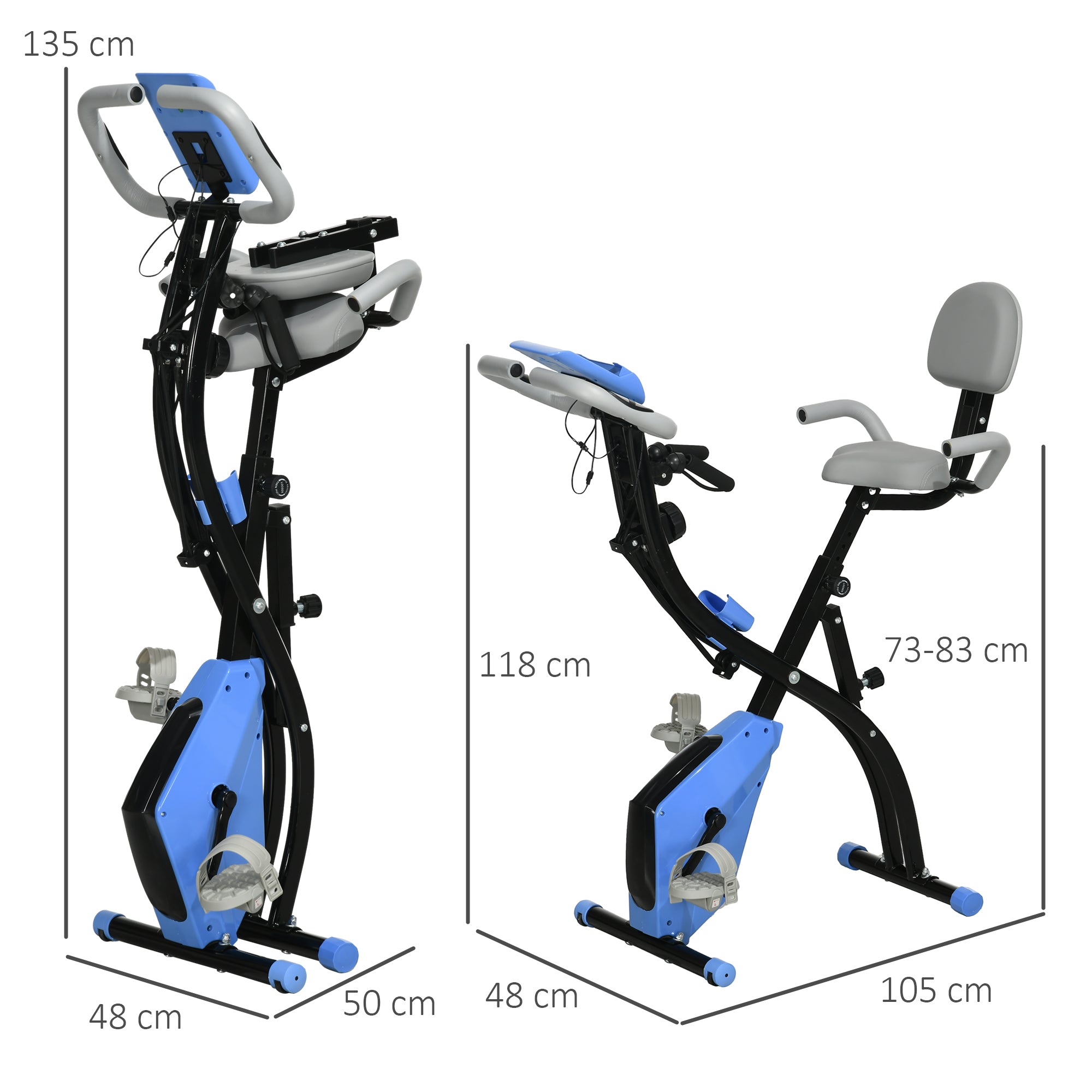 HOMCOM 2-in-1 Folding Exercise Bike with 8-Level Magnetic Resistance, Arm Resistance Band, Pulse Sensor, Blue - North Peak Garden Furniture