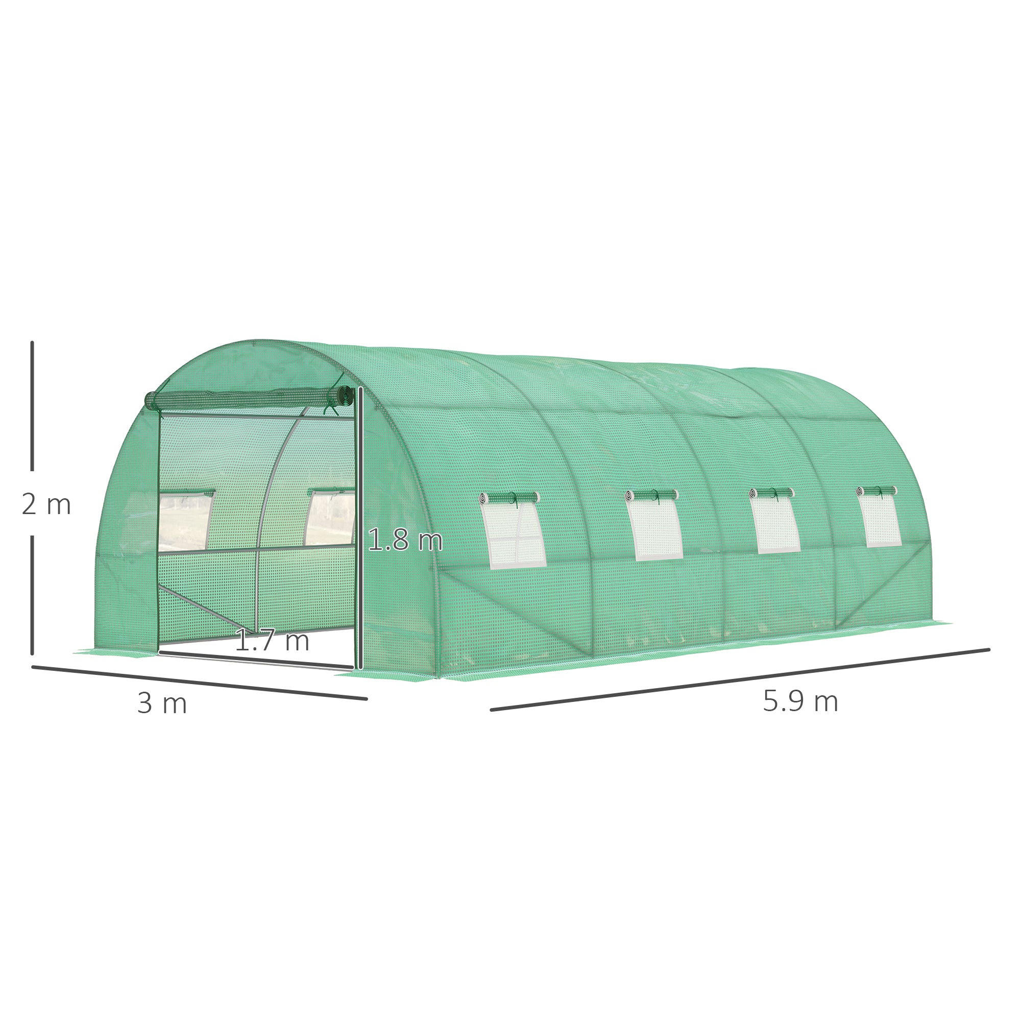 Outsunny Walk-in Polytunnel Greenhouse, Outdoor Garden Tunnel Greenhouse Tent with Zipped Roll-Up Door and 8 Mesh Windows, 6 x 3M