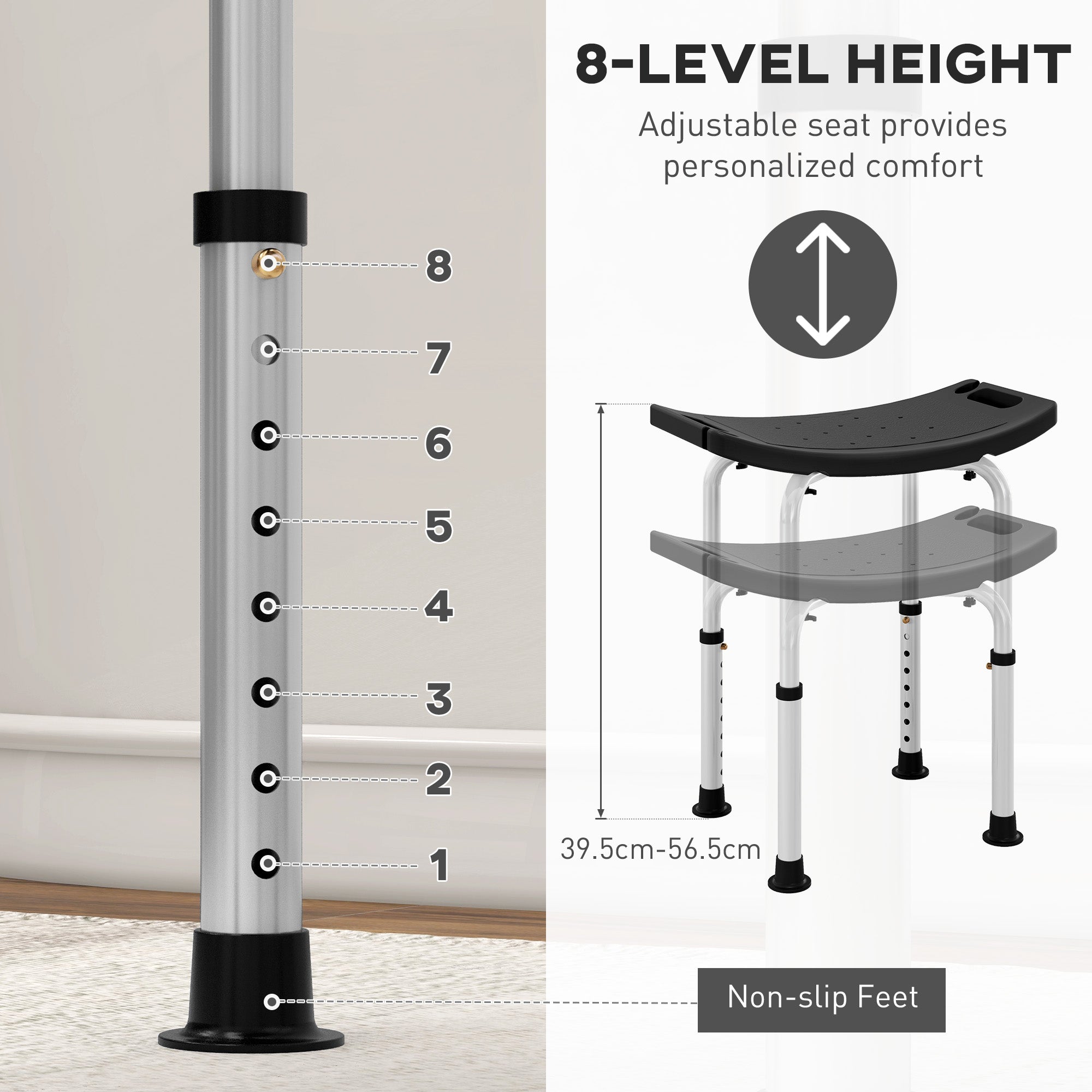 HOMCOM Height Adjustable Bath Stool, Aluminium Shower Stool with Non-Slip Pads for Elderly, Disabled, Seniors, Pregnant, Black - North Peak Garden Furniture