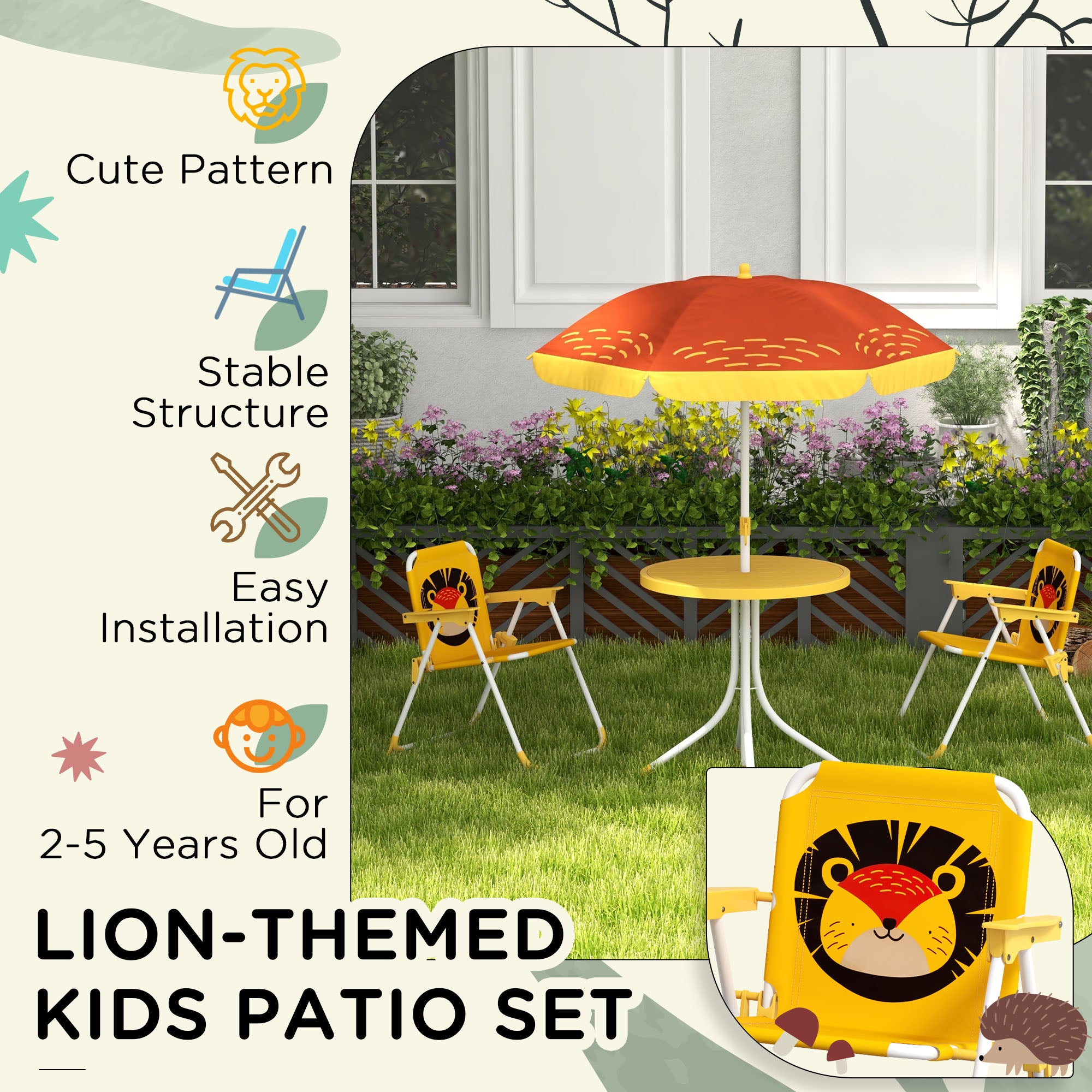 Outsunny Kids Picnic Table and Chair Set, Lion Themed Outdoor Garden Furniture w/ Foldable Chairs, Adjustable Parasol - Yellow - North Peak Garden Furniture