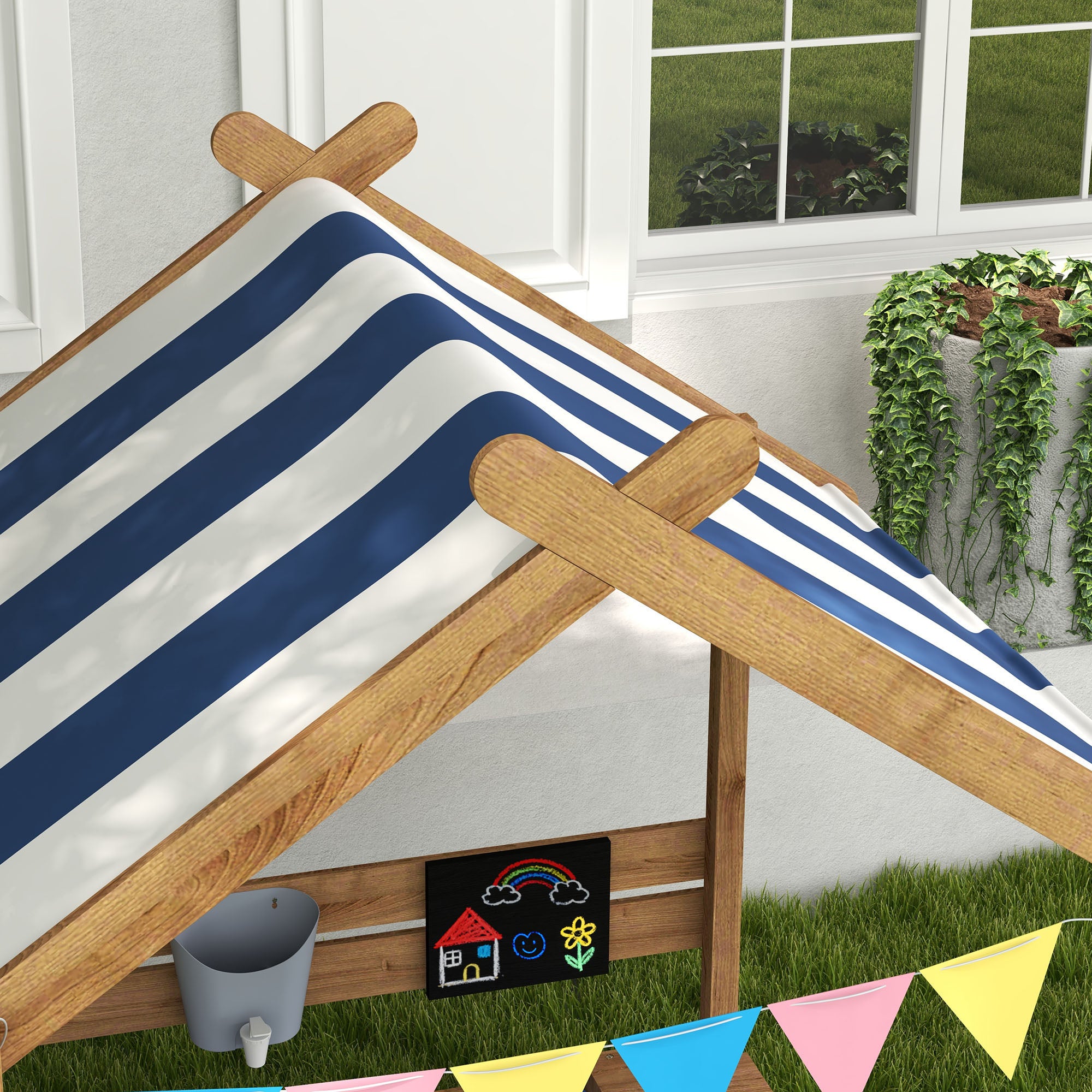 Outsunny House-Designed Wooden Sandbox, Outdoor Sandpit, with Blackboard, Toys, Sink, Seats, Flags, for Ages 3-7 Years - Brown