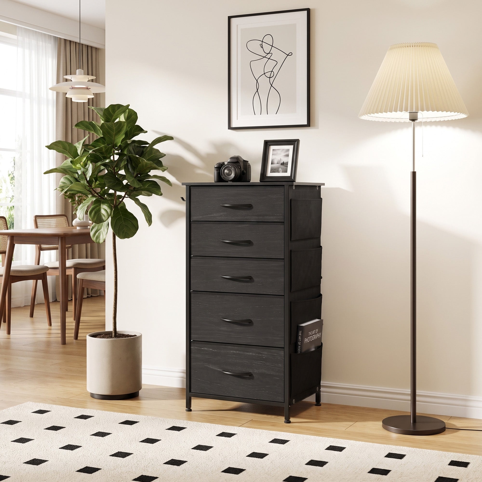 HOMCOM Chest of Drawers, Dresser with 5 Fabric Drawers, Tall Storage Unit with 4 Pockets and 2 Hooks, Steel Frame, Black