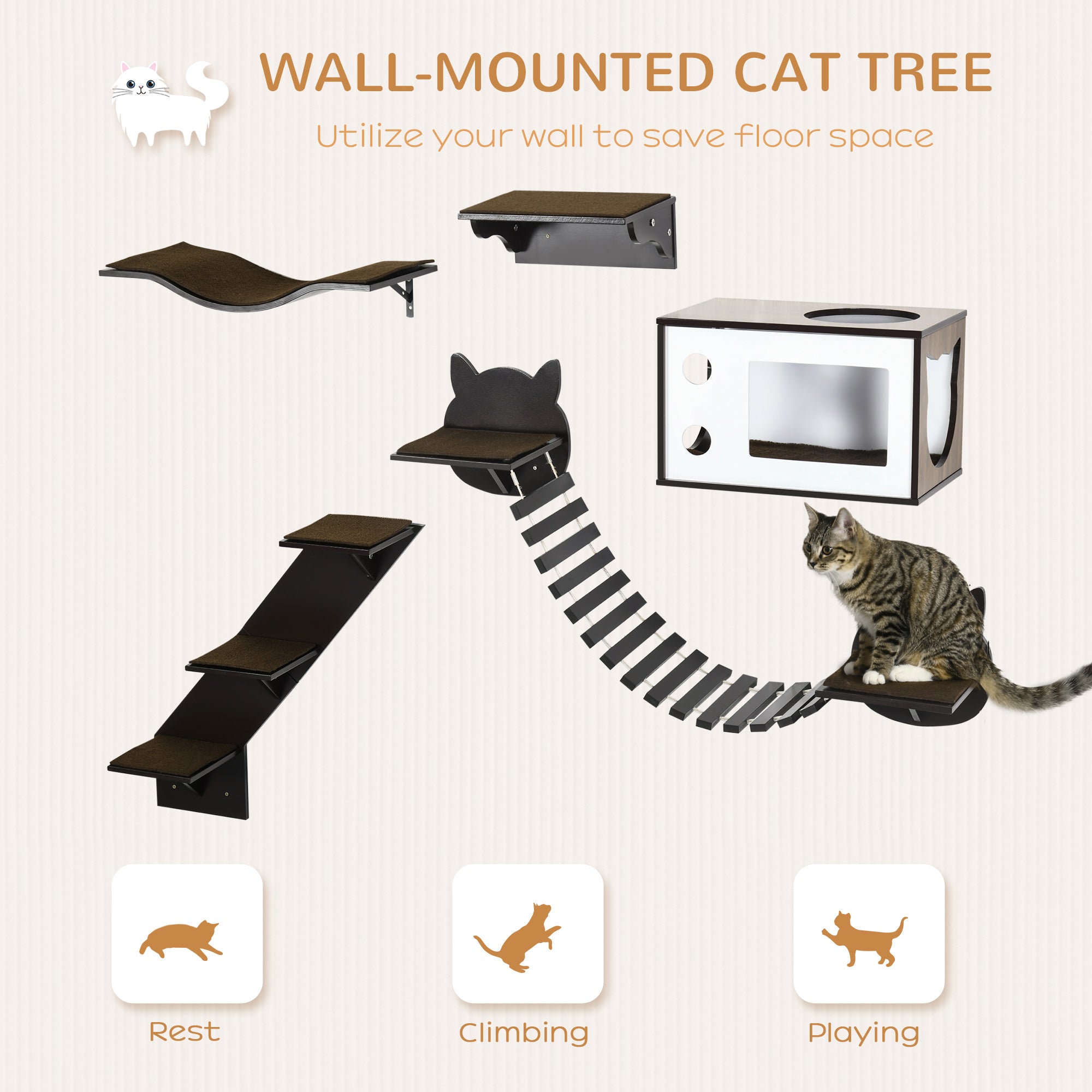 PawHut 5 Piece Cat Wall Shelves, Wall-Mounted Cat Tree for Indoor Use - Brown - North Peak Garden Furniture