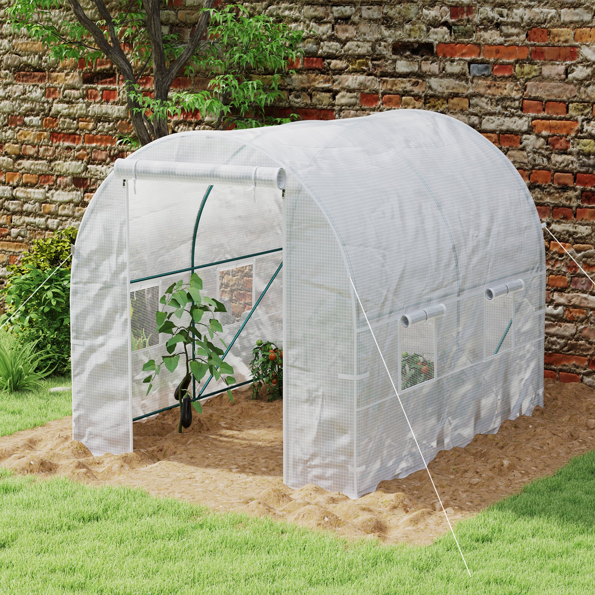 Outsunny Reinforced Walk in Polytunnel Greenhouse with Roll Up Zipped Door Windows, Galvanised Steel Frame, 2 x 2.5m - North Peak Garden Furniture