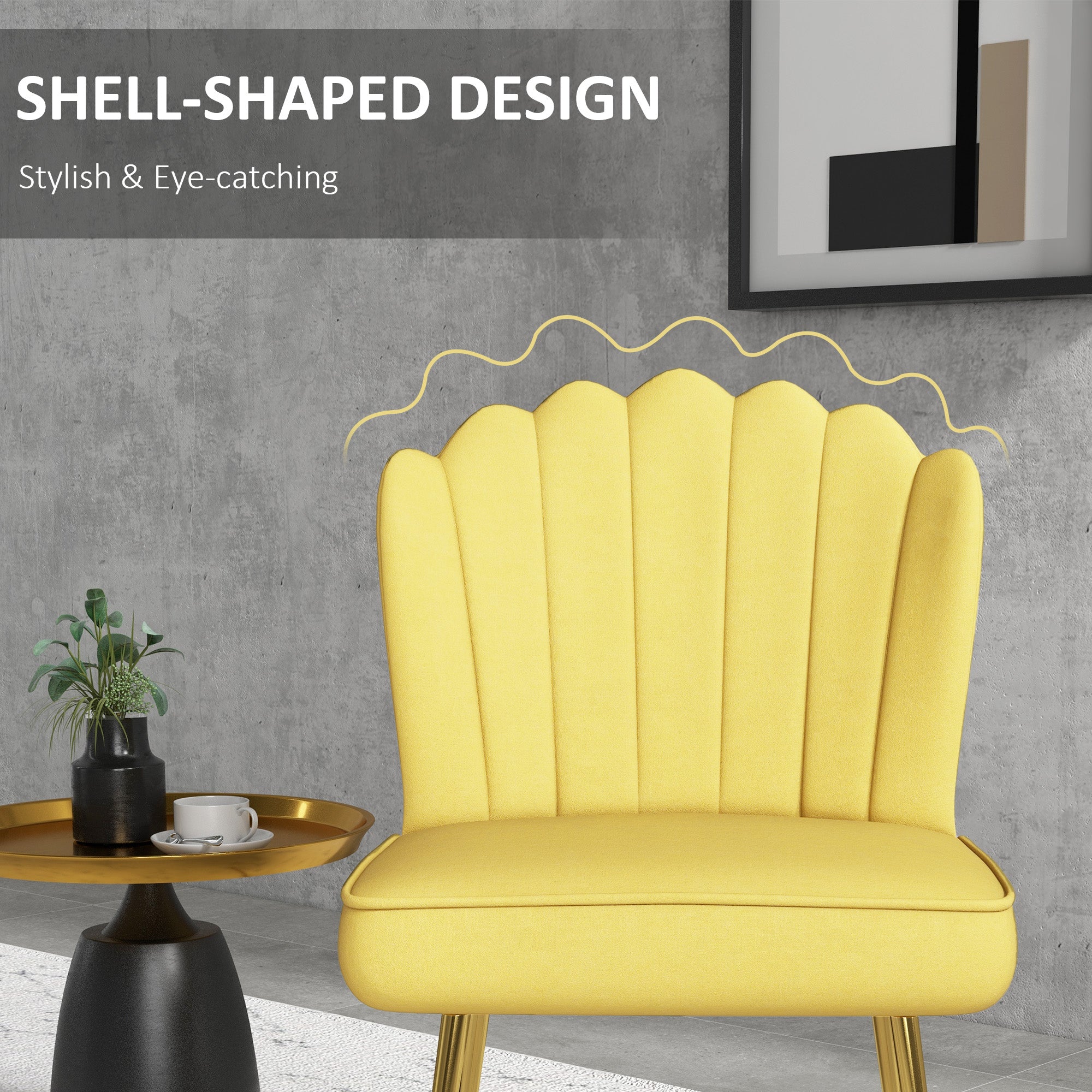 HOMCOM Velvet-Feel Shell Accent Chair - Yellow - North Peak Garden Furniture