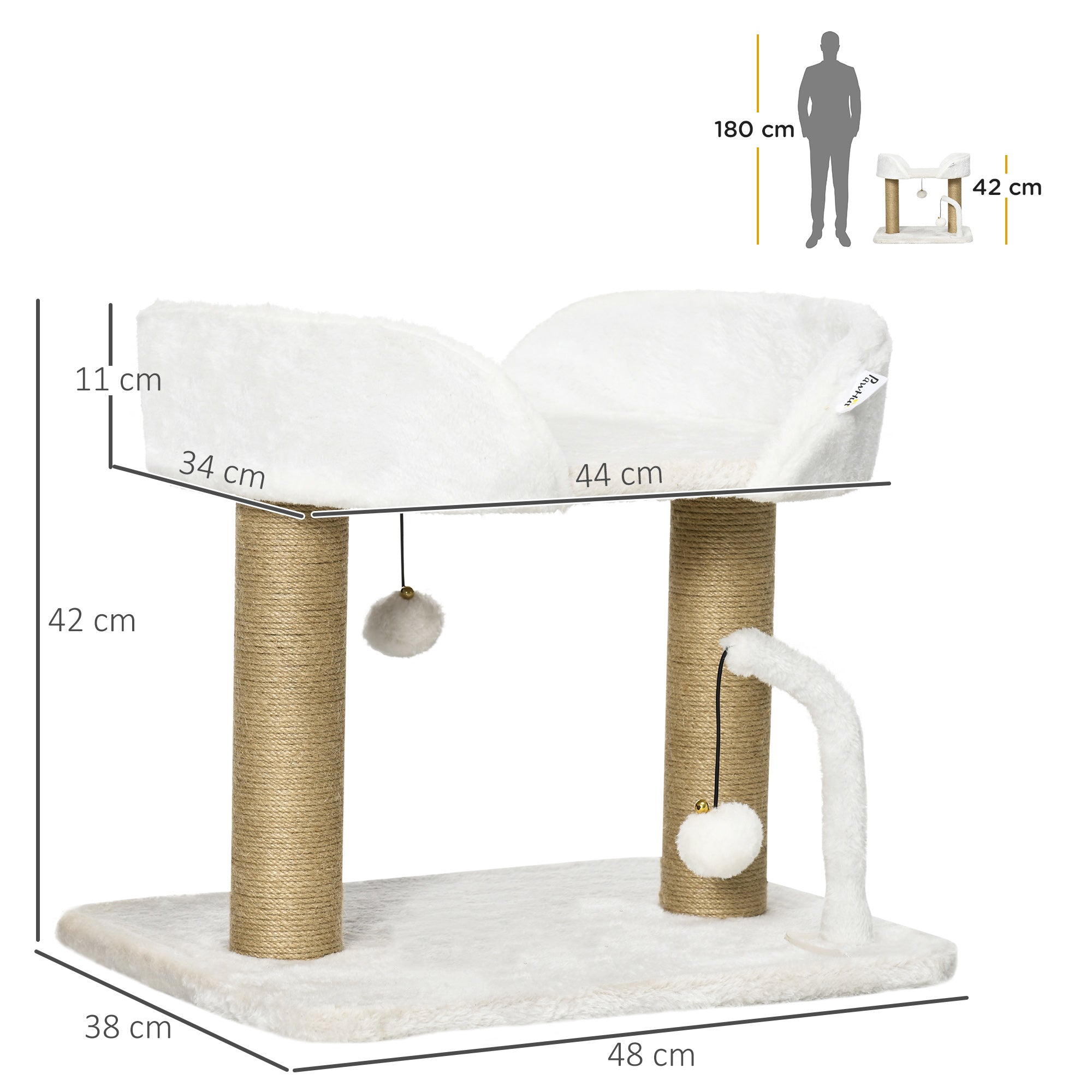 PawHut 42cm Indoor Cat Tree, with Toy Balls, Jute Scratching Post - White - North Peak Garden Furniture