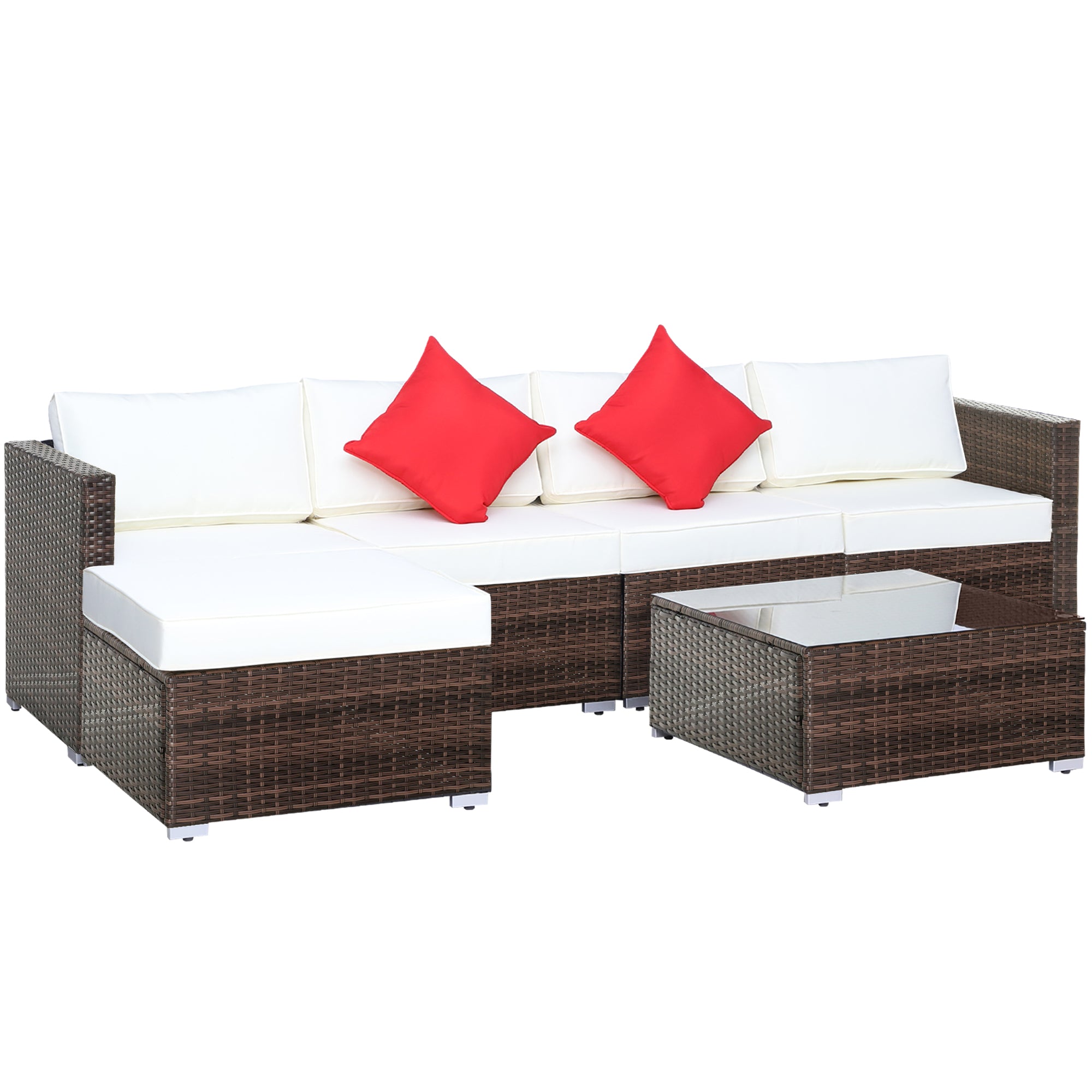 Outsunny 6 Pieces Outdoor Rattan Corner Sofa Set, Patio Aluminium Frame with All-weather Wicker Conversation Furniture w/ Coffee Table & Cushions, Cream White - North Peak Garden Furniture