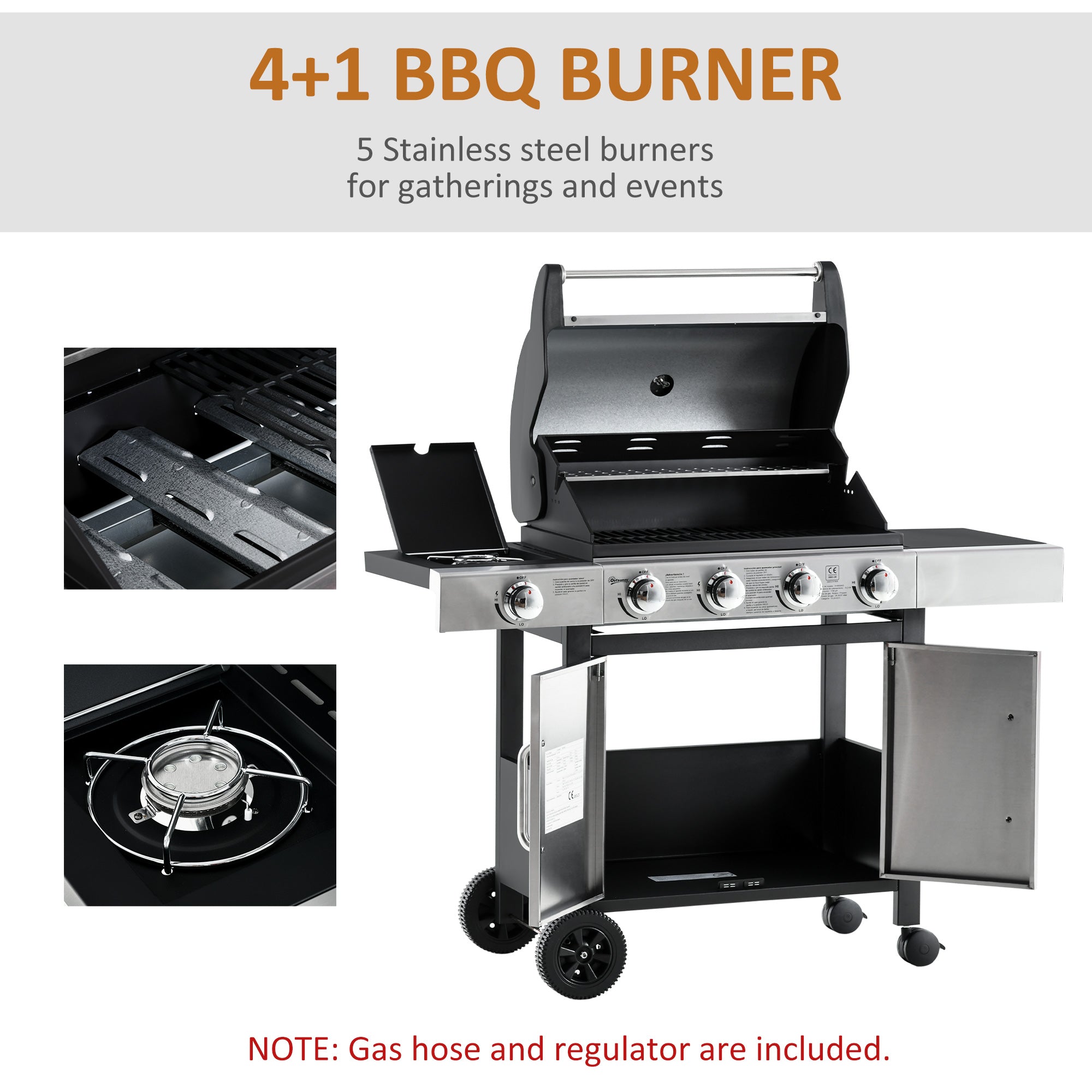 Outsunny Gas Barbecue Grill 4+1 Burner Garden Smoker BBQ Trolley w/ Side Burner Warming Rack Side Shelves Storage Cabinet Piezo Ignition Thermometer Stainless Steel + Metal - North Peak Garden Furniture