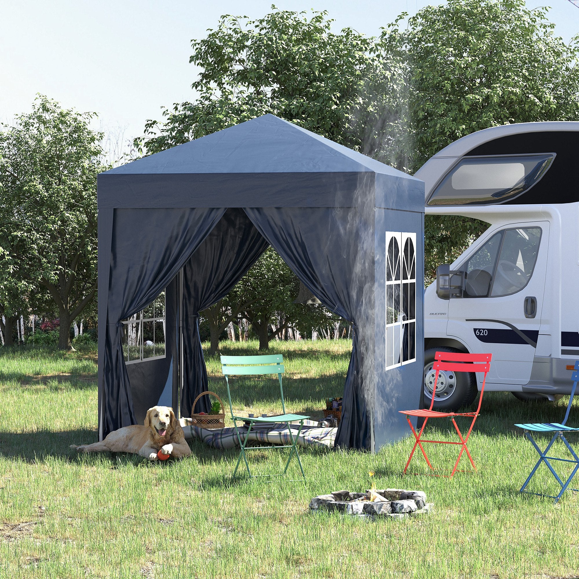 Outsunny 2 x 2 m Garden Pop Up Gazebo, Wedding Party Tent Marquee, Water Resistant Awning Canopy with Sidewalls, Windows, Carry Bag, Blue - North Peak Garden Furniture