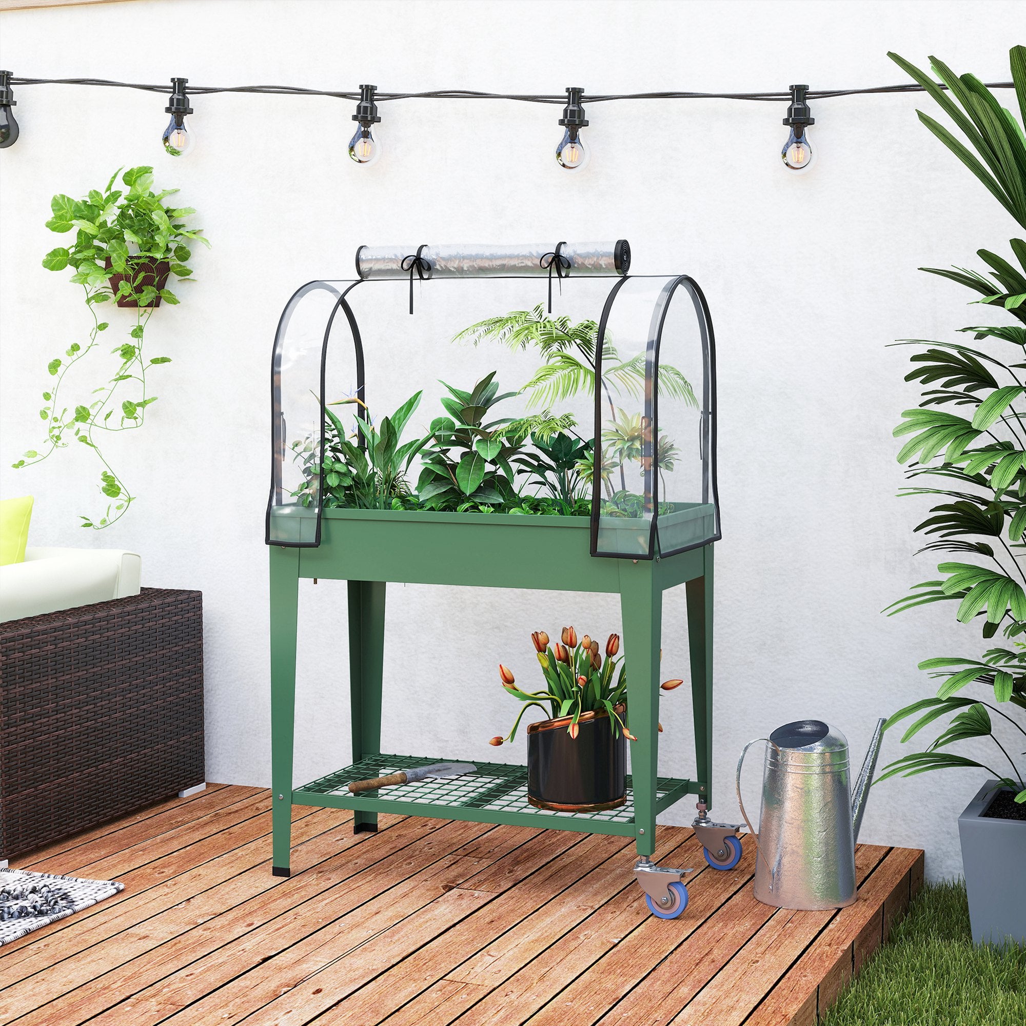 Outsunny Raised Planter with Greenhouse Cover, Mobile Elevated Garden Bed with Wheels and Bottom Shelf for Vegetables, Green