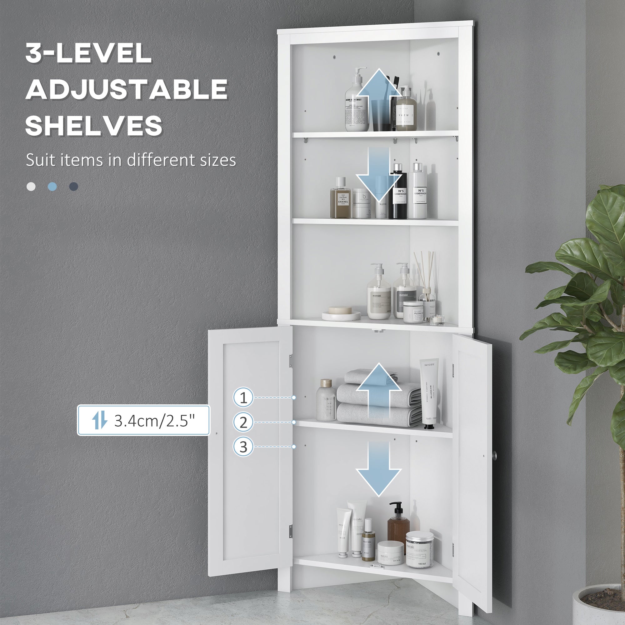 kleankin Triangle Bathroom Cabinet, Corner Bathroom Storage Unit with Cupboard and 3-Tier Shelves, Free Standing, White - North Peak Garden Furniture