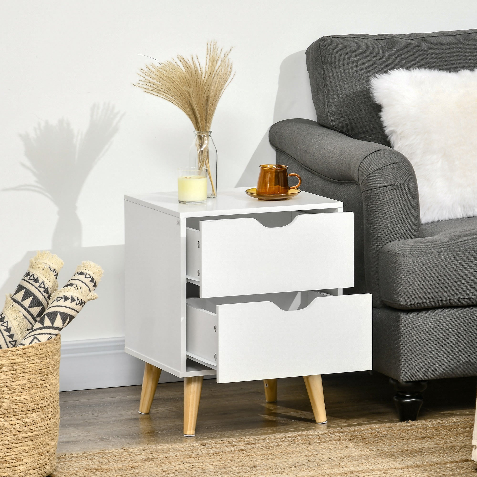 HOMCOM Bedside Table, Bedside Cabinet with 2 Drawers, Side End Table with Pine Wood Legs for Bedroom Living Room, White - North Peak Garden Furniture
