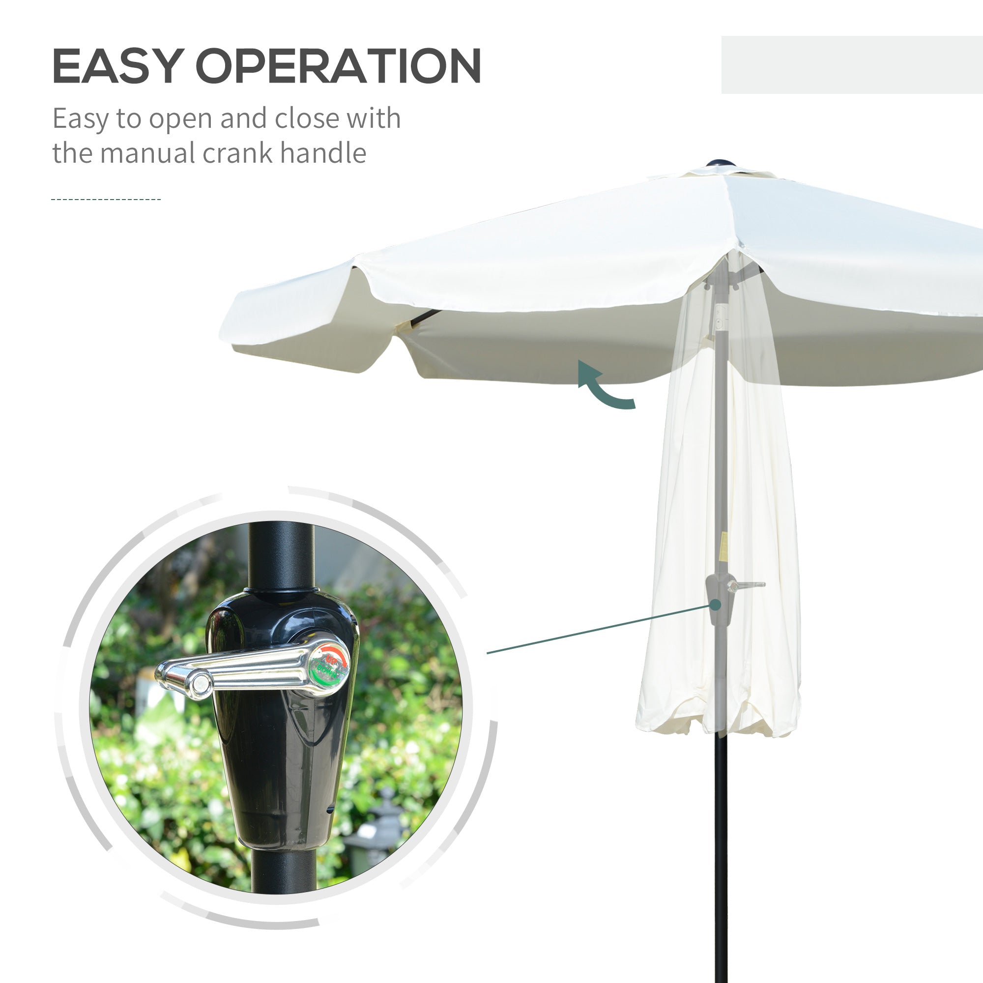 Outsunny 2.7m Patio Parasol Garden Umbrellas Outdoor Sun Shade Table Umbrella with Tilt, Crank, 8 Ribs, Ruffles, White - North Peak Garden Furniture