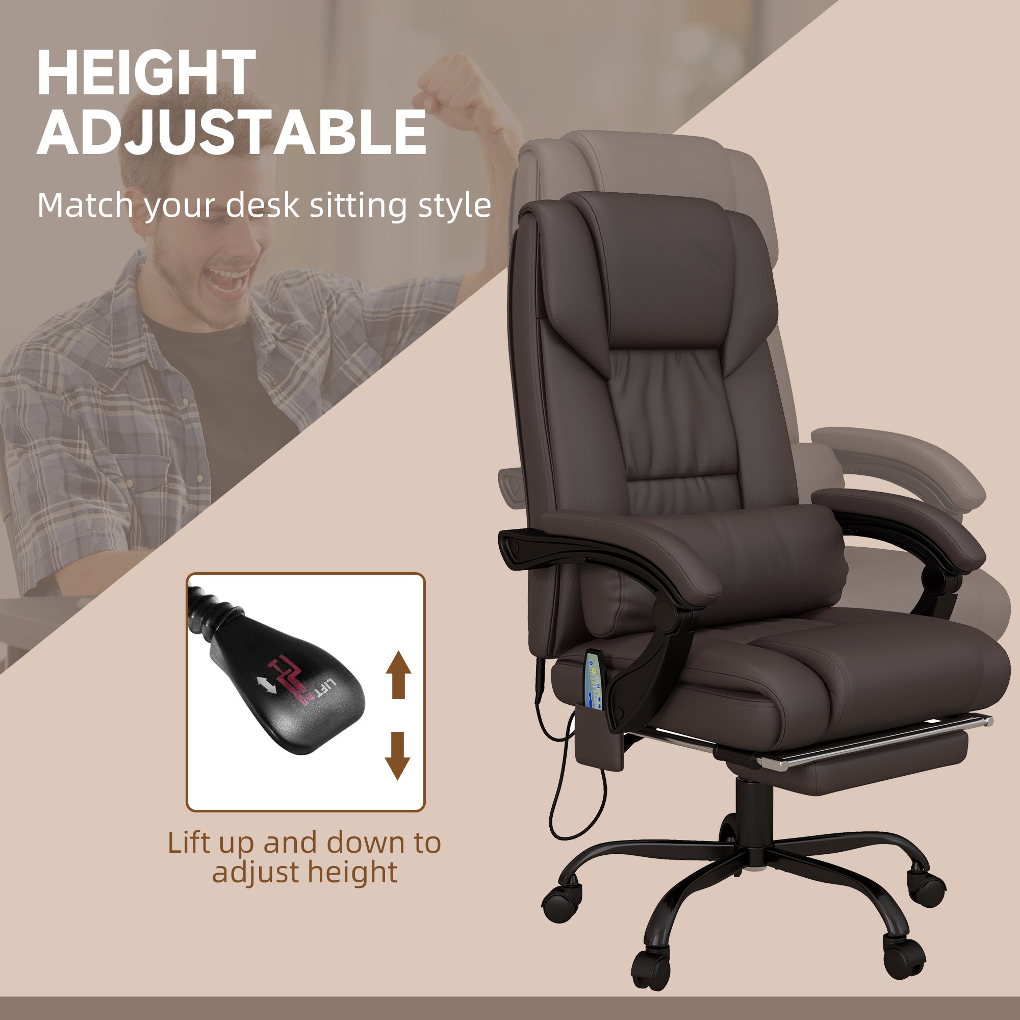 Vinsetto 6-Point Massage Office Chair, PU Leather Desk Chair with Adjustable Height and Footrest for Home Office, Brown - North Peak Garden Furniture