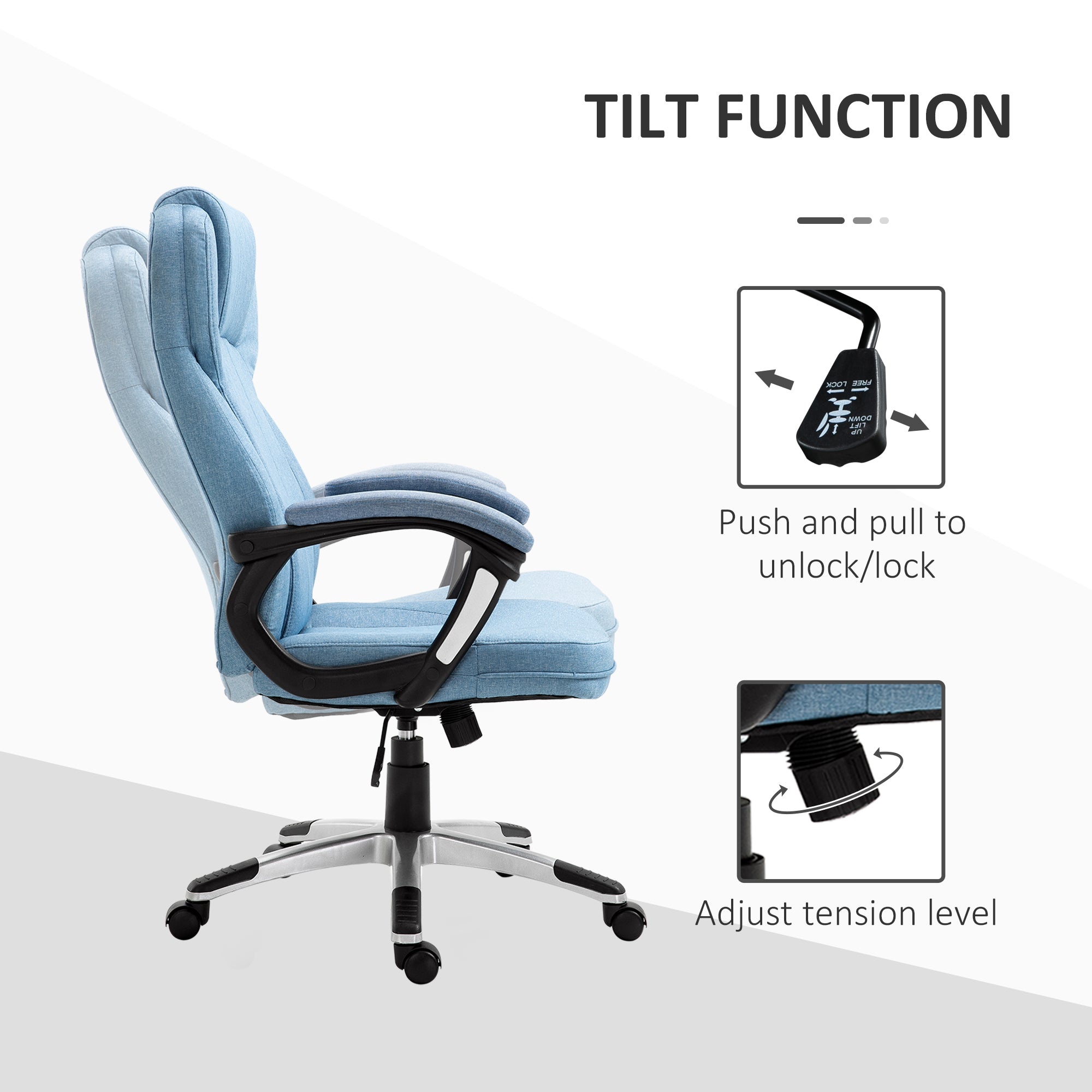 Vinsetto Office Chair, Linen Fabric Desk Chair, Height Adjustable Computer Chair with Padded Armrests, Swivel Wheels and Tilt Function, Blue - North Peak Garden Furniture