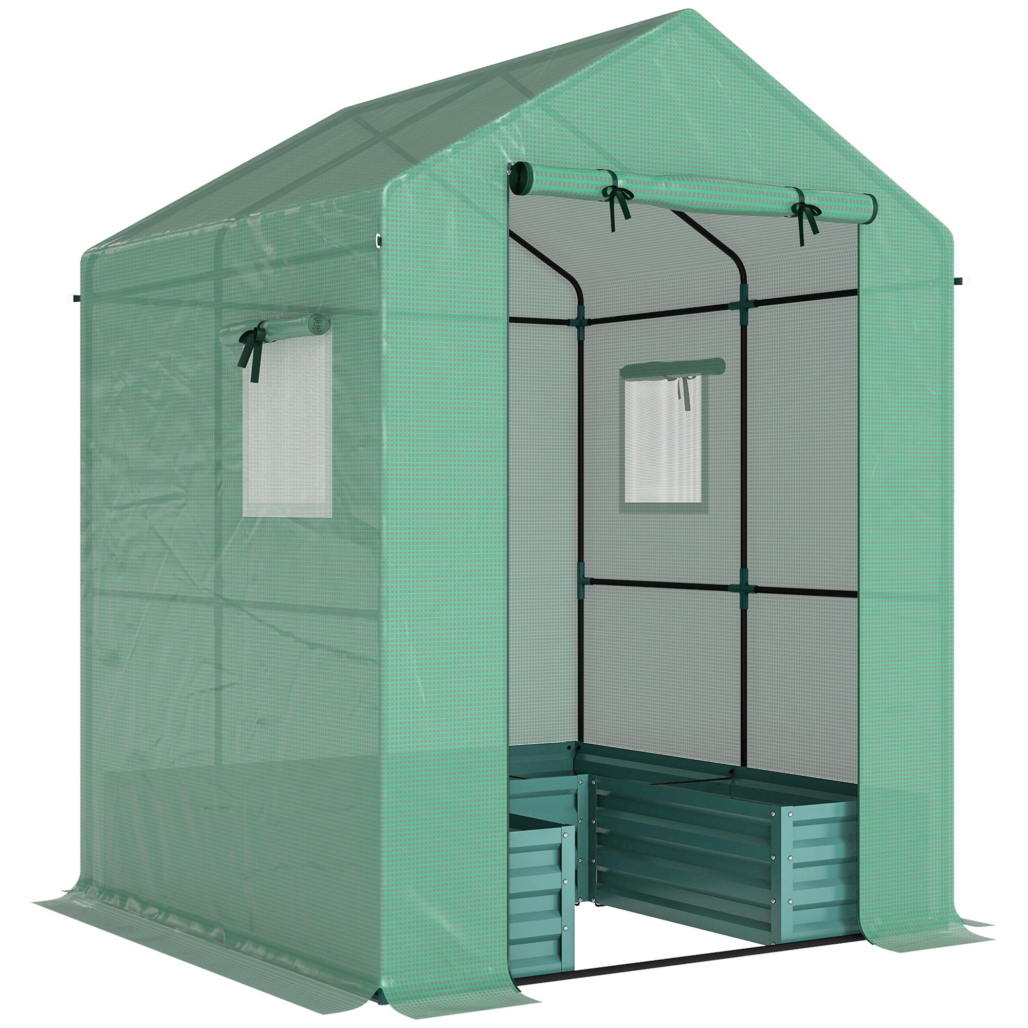 Outsunny Mini Greenhouse with Raised Garden Bed, Galvanised Walk-in Greenhouse with Roll Up Windows, 56" x 56" x 75", Green