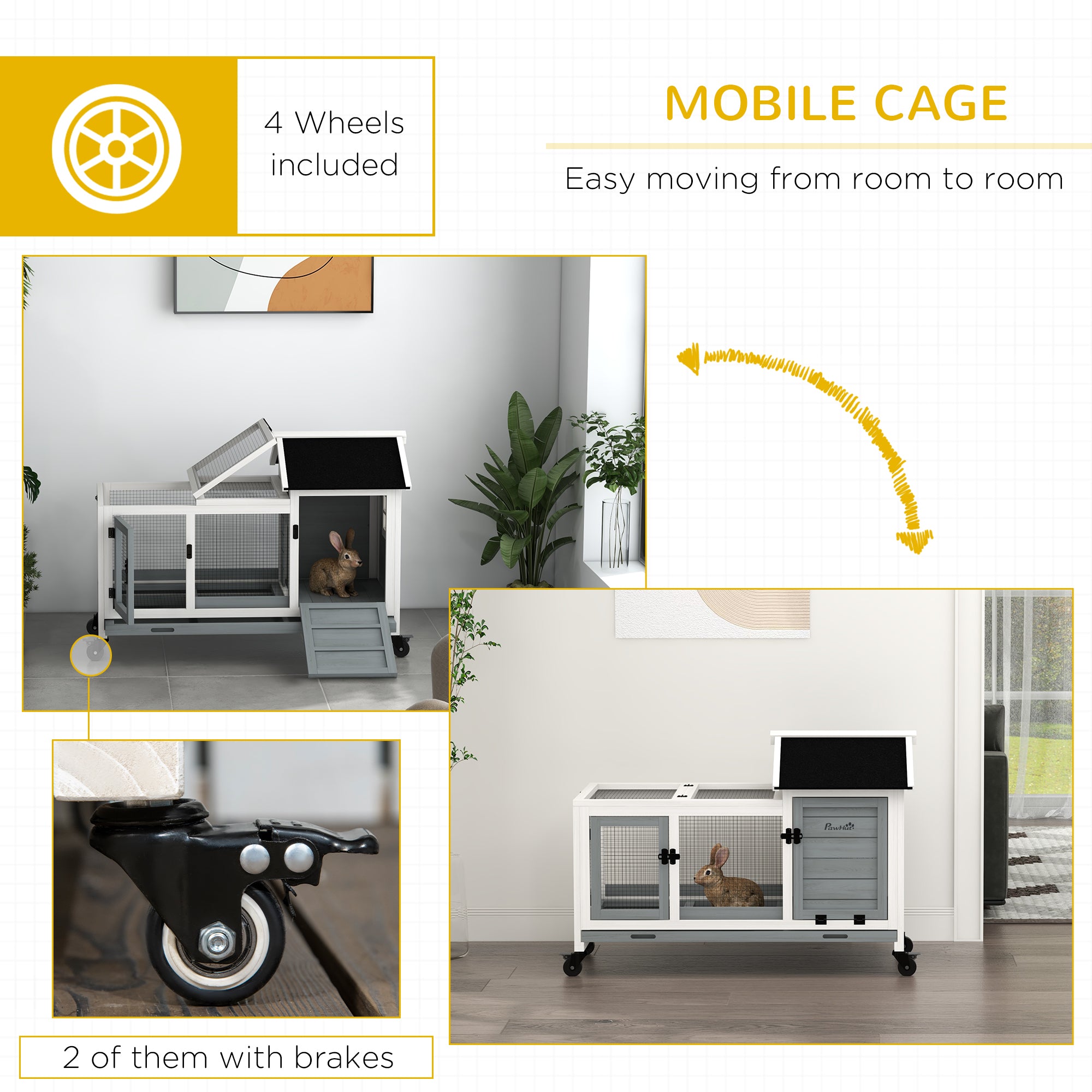 PawHut Wooden Rabbit Hutch, Guinea Pig Cage, with Removable Tray, Wheels - Grey - North Peak Garden Furniture