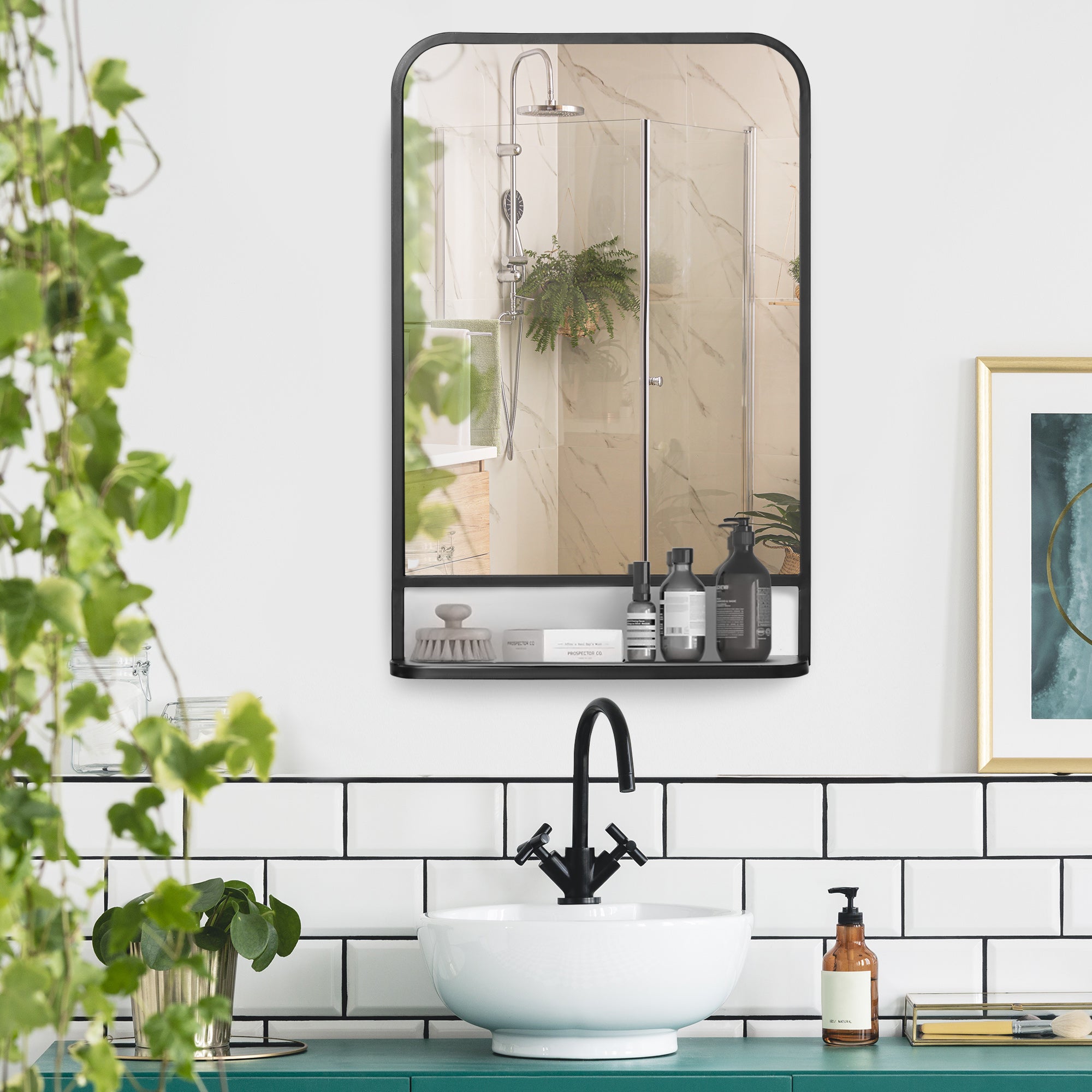HOMCOM Modern Square Wall Mirror with Storage Shelf, 86 x 53 Mirrors for Living Room, Bedroom, Black - North Peak Garden Furniture