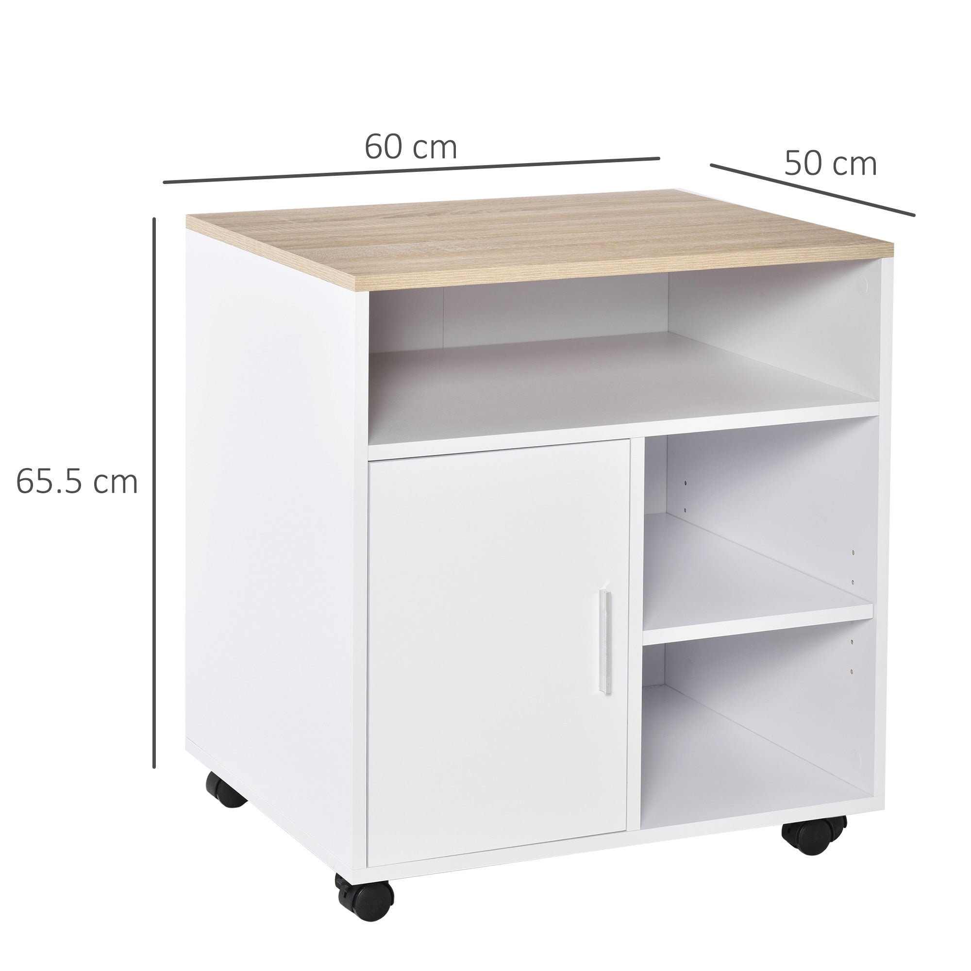 HOMCOM Multi-Storage Printer Stand Unit Office Desk Side Mobile Storage w/ Wheels Modern Style 60L x 50W x 65.5H cm - Oak