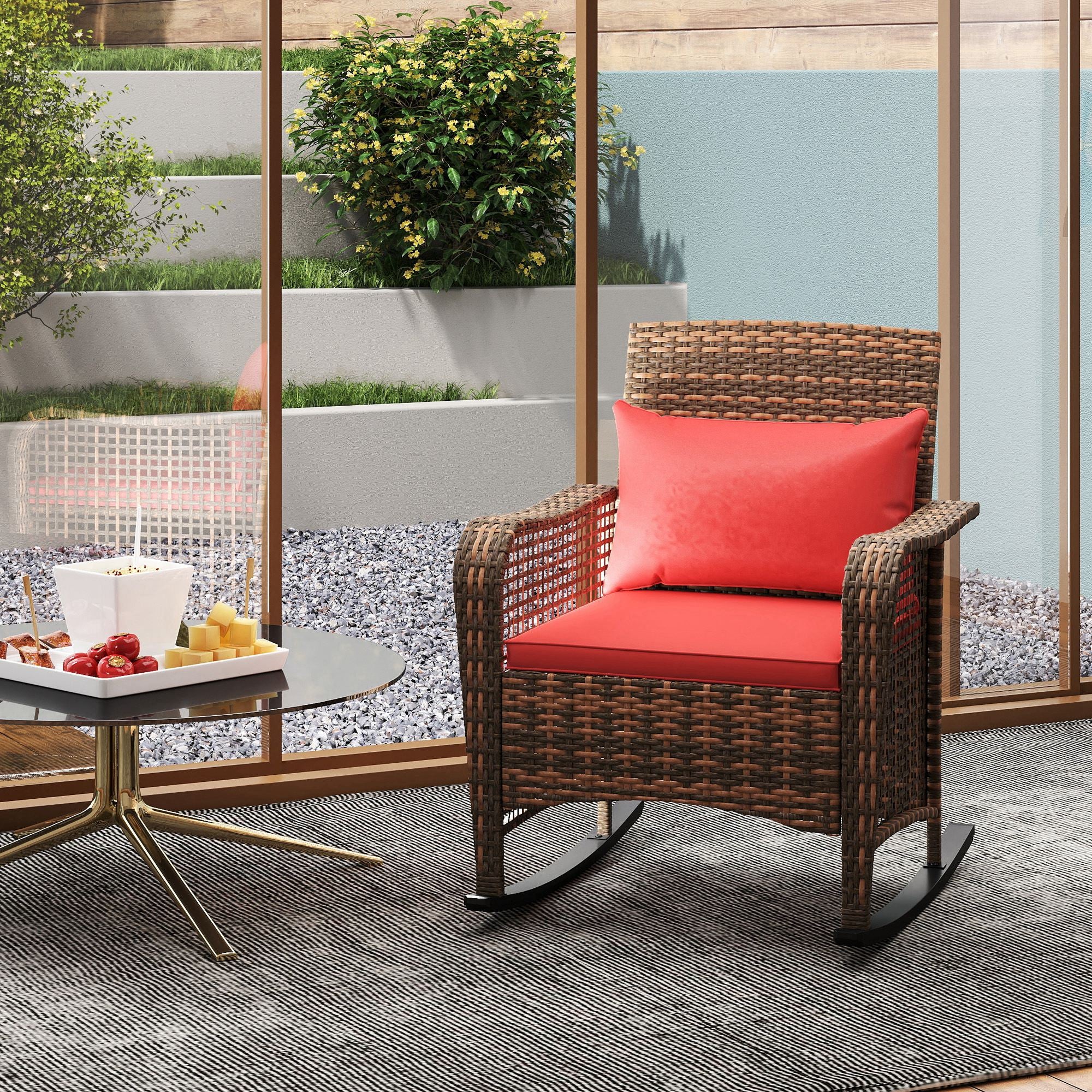 Outsunny Garden Rocking Chair, Outdoor Rattan Rocker Lounge Chair with Seat and Back Cushions, Patio Armchair Seat with All-weather Wicker, Steel Frame for Porch Balcony, Red - North Peak Garden Furniture