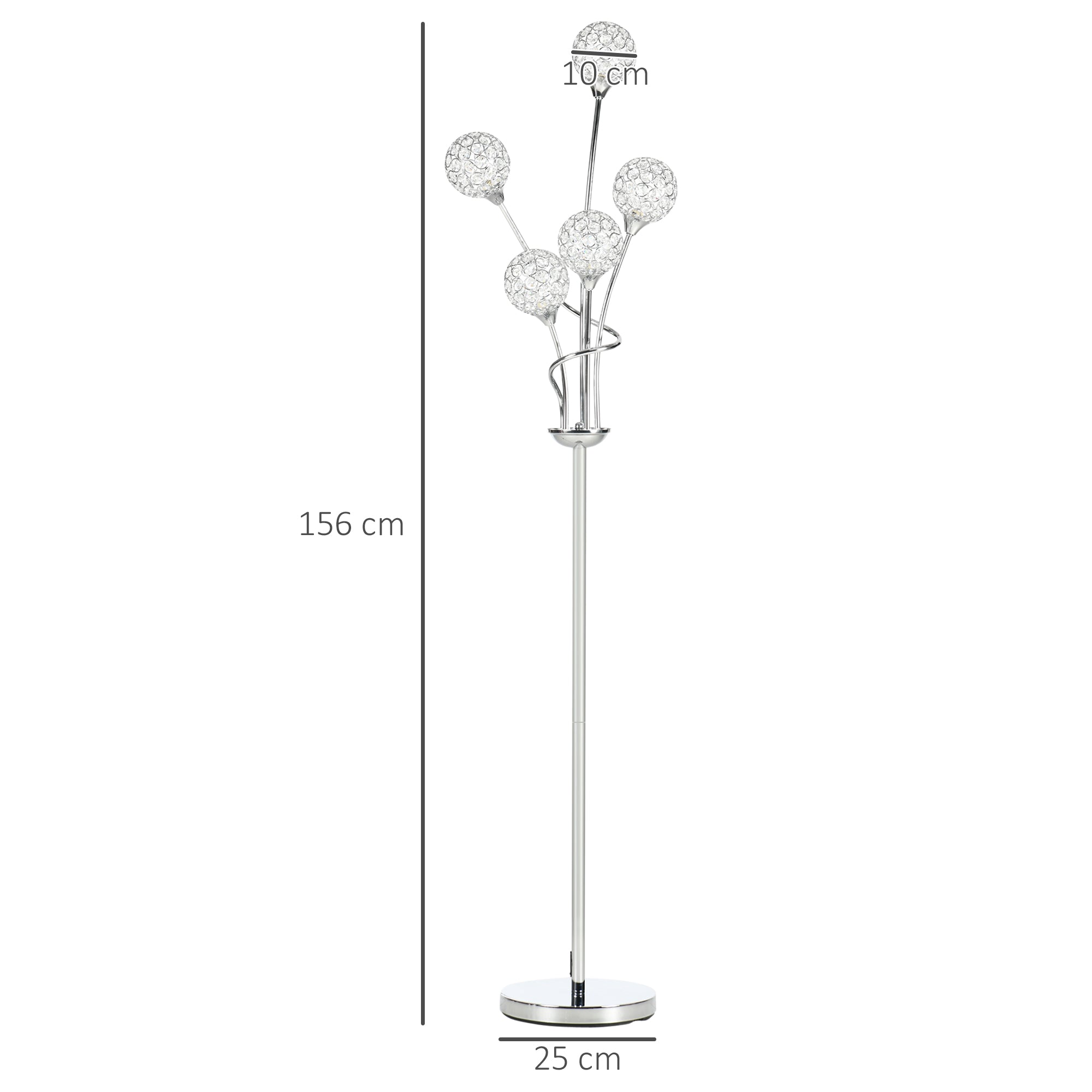 HOMCOM Crystal Floor Lamps for Living Room Bedroom with 5 Light, Modern Upright Standing Lamp, 34x25x156cm, Silver