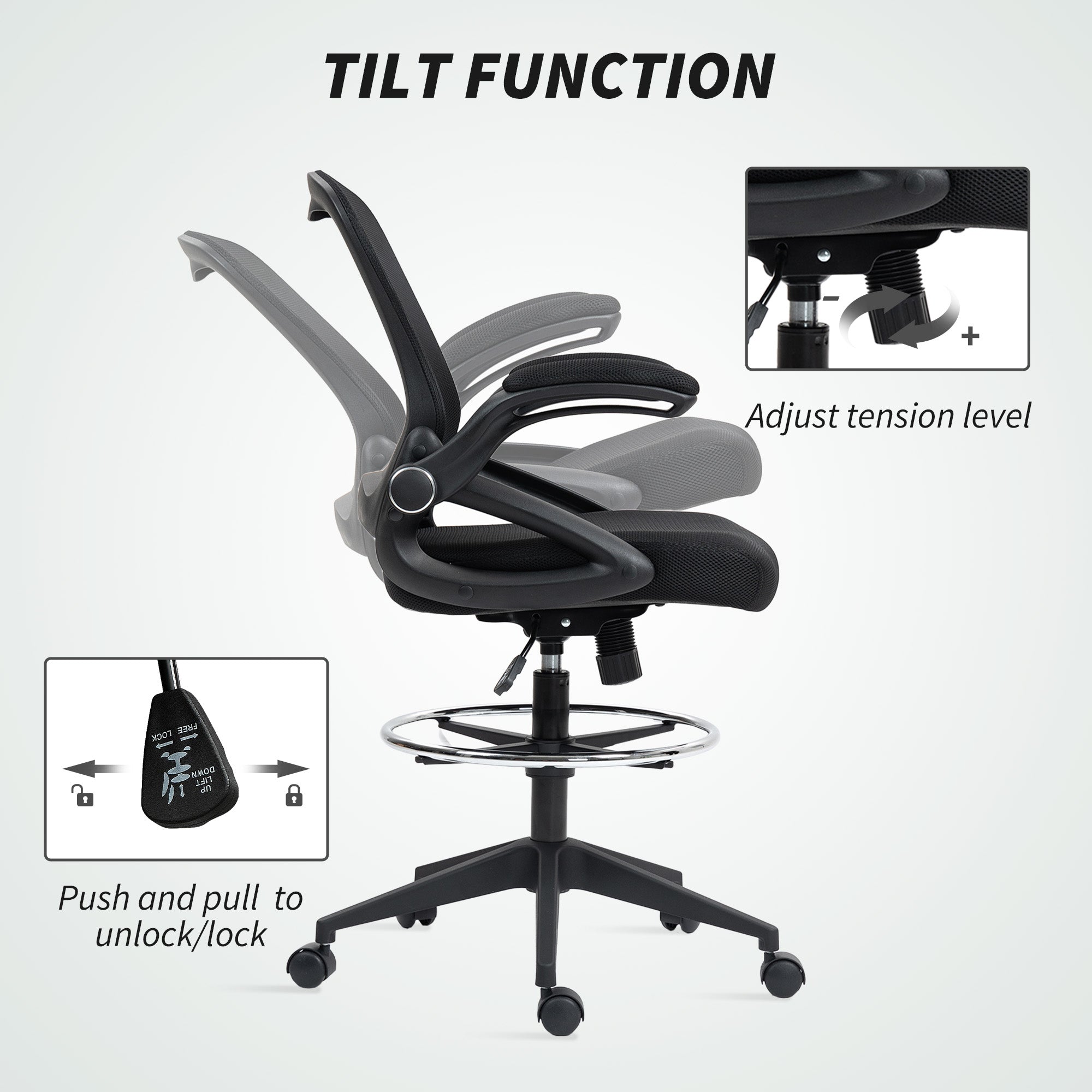 Vinsetto Drafting Chair with Flip-up Armrest, Mesh Office Stool with Foot Ring, 360° Swivel Height Adjustable Chair for Standing Desk, Black - North Peak Garden Furniture