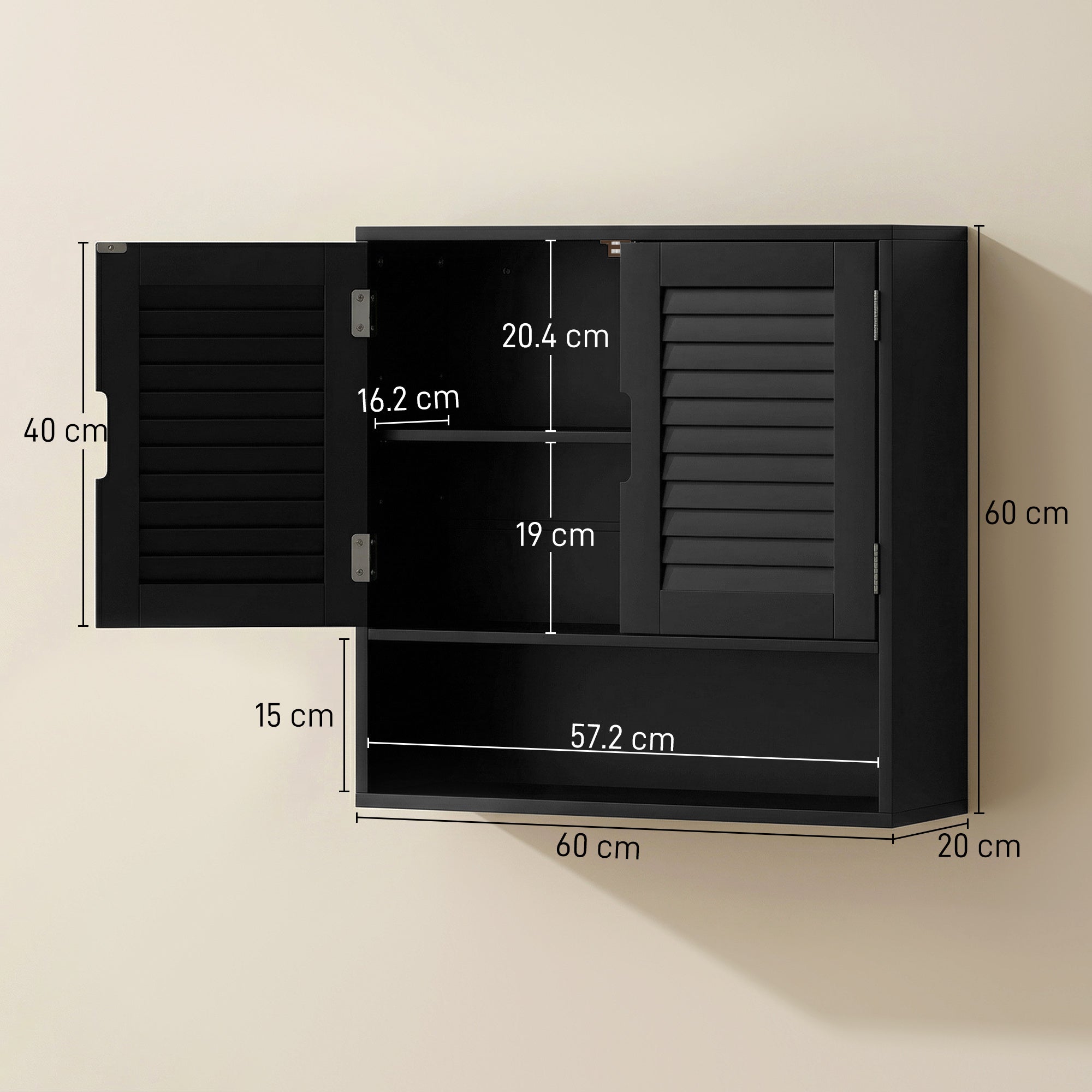 HOMCOM Bathroom Cabinet, Wall Mounted Storage Cabinet with Adjustable Shelves, 60 x 20 x 60 cm, Black