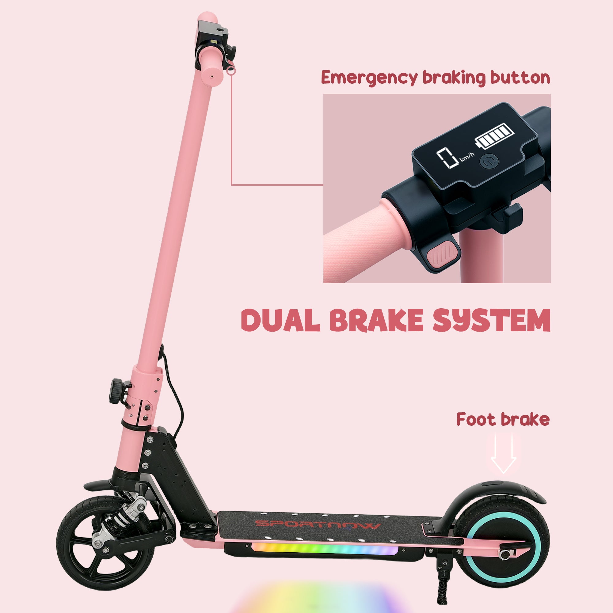SPORTNOW Folding Electric Scooter for Kids Age 6-14 with Dual Brakes, Front Suspension, LED Colourful Lights and Display, 6.8kg Lightweight Aluminium E Scooter, Up to 14 KM/H & 6 KM, Pink - North Peak Garden Furniture