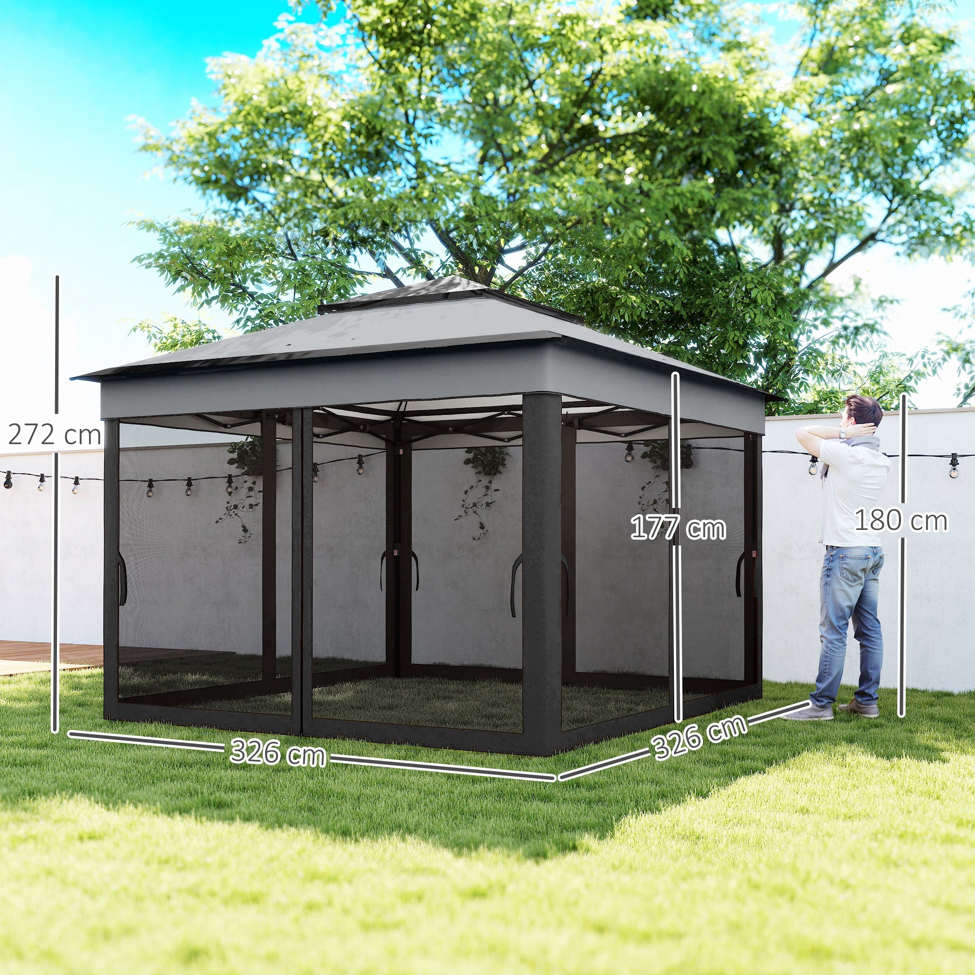 Outsunny 3 x 3(m) Pop Up Gazebo, Height Adjustable Instant Event Shelter with Netting and Carrying Bag, Grey - North Peak Garden Furniture