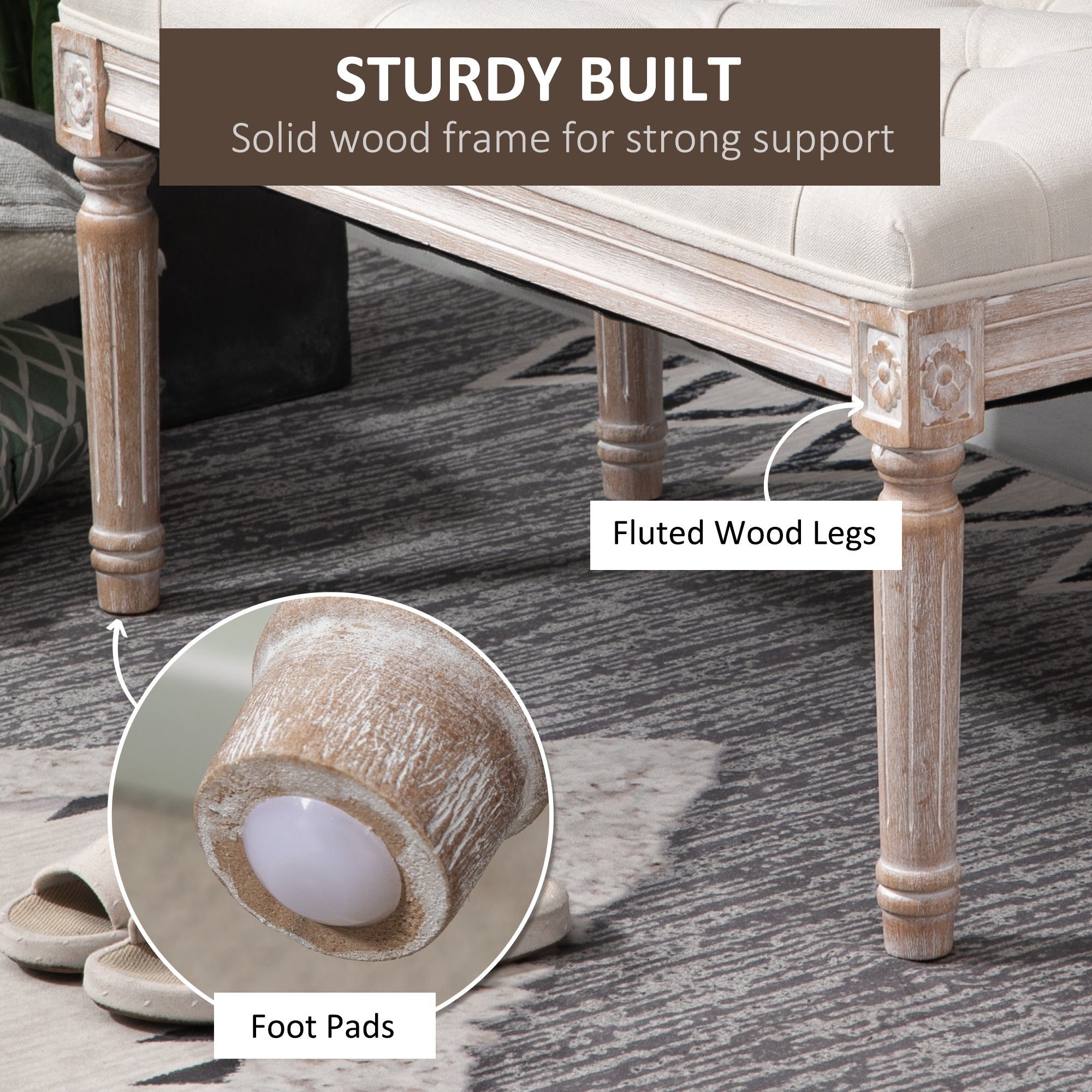 HOMCOM End of Bed Bench, Window Seat, Tufted Bench for Bedroom, Hallway, Living Room, Cream White - North Peak Garden Furniture
