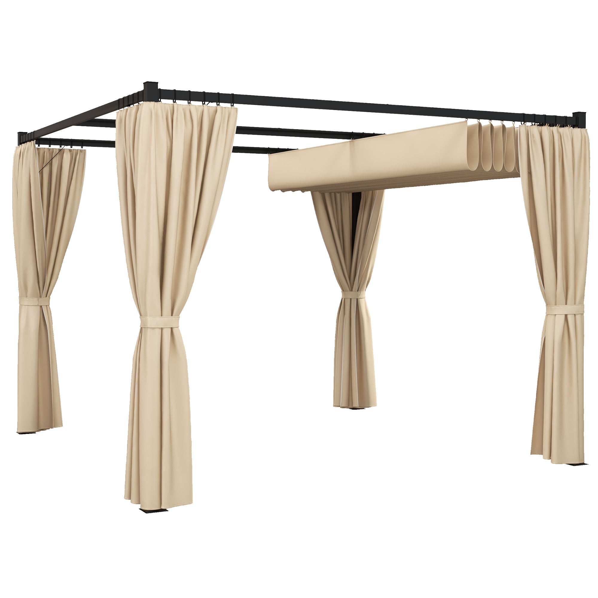 Outsunny 3 x 3(m) Retractable Pergola, Garden Gazebo Shelter with Curtains, for Grill, Patio, Deck, Beige - North Peak Garden Furniture
