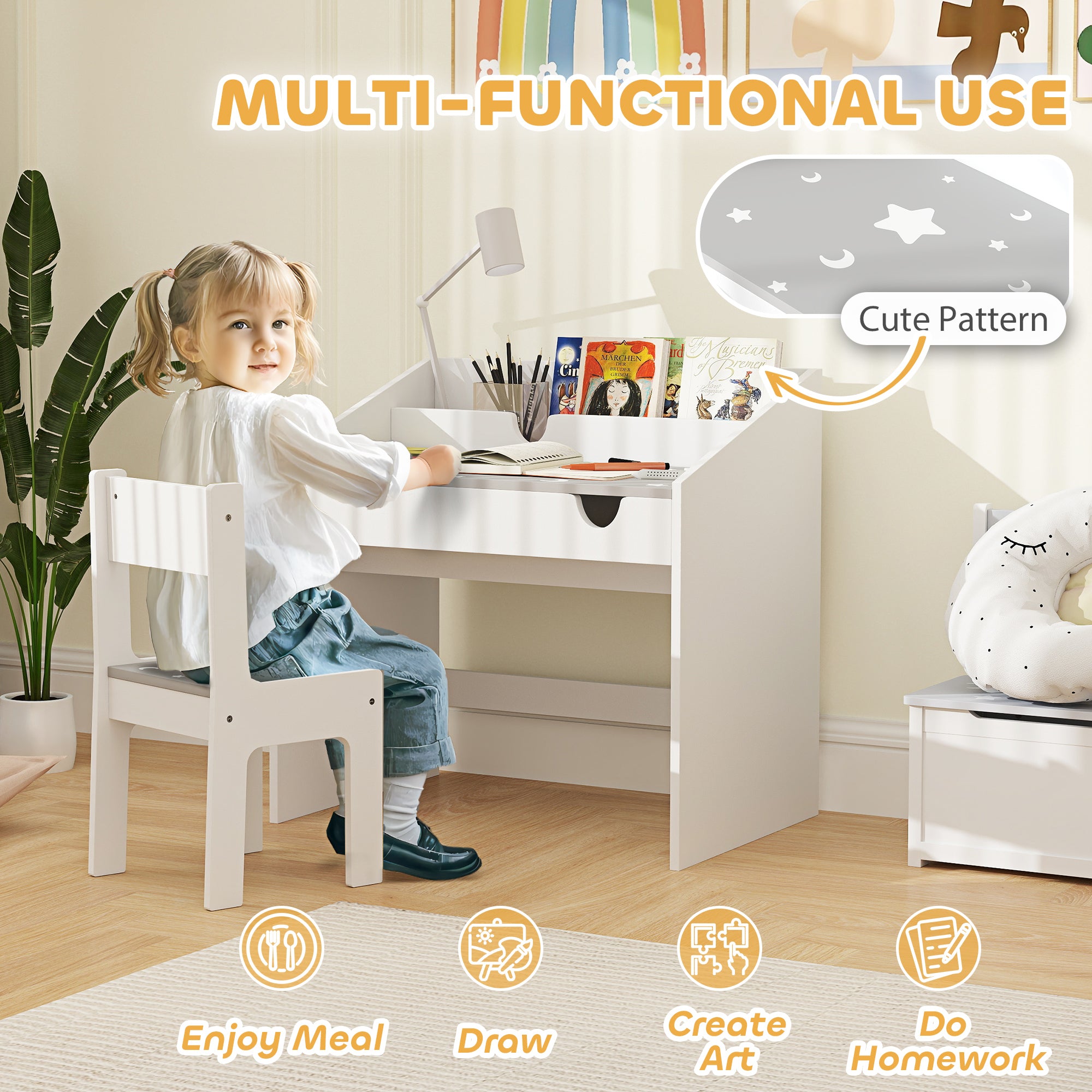 AIYAPLAY Children Study Table and Chair, Kids Desk and Chair Set with Storage, Pull-out Drawer, Gift for 3-6 Years Old - Grey - North Peak Garden Furniture