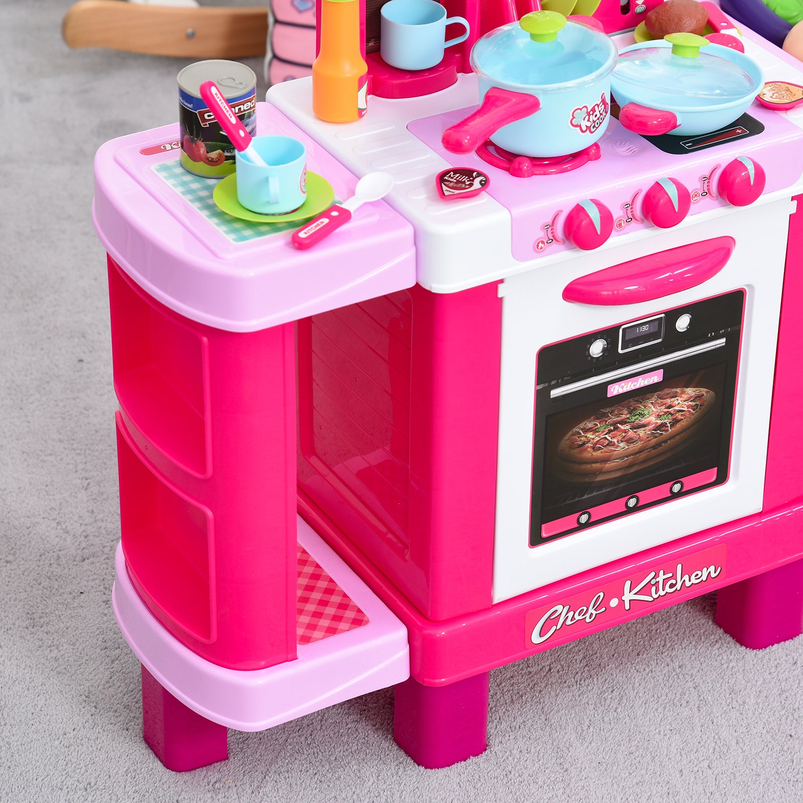 HOMCOM 38 Pcs Kids Children Kitchen Play Set w/ Realistic Sounds Lights Food Utensils Pots Pans Appliances Toy Game Pink - North Peak Garden Furniture