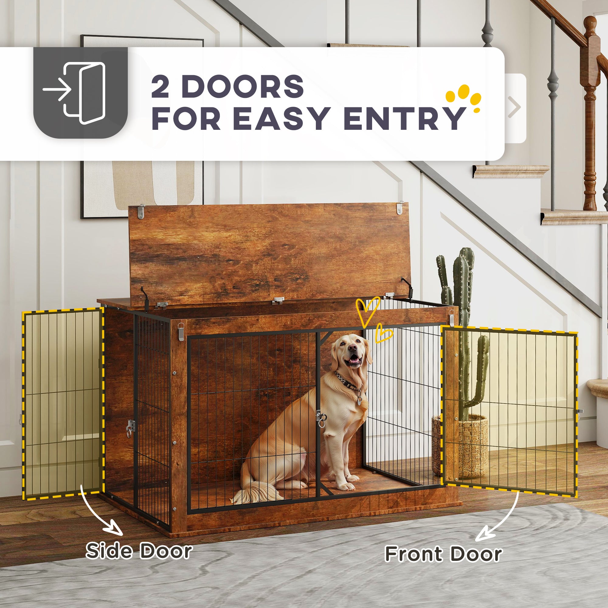 PawHut Dog Crate Furniture with Flip-up Top, 2 Doors, for Extra Large Dogs, 118 x 75 x 77cm, Rustic Brown - North Peak Garden Furniture