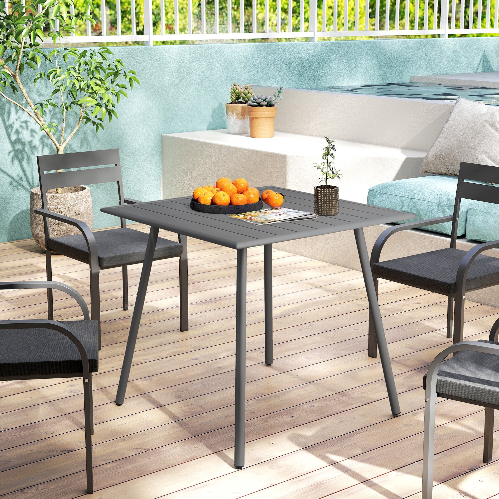 Outsunny Square Garden Table with Slat Top, Steel Frame, Outdoor Table for 4 Person, 80 x 80 x 74 cm, Grey - North Peak Garden Furniture