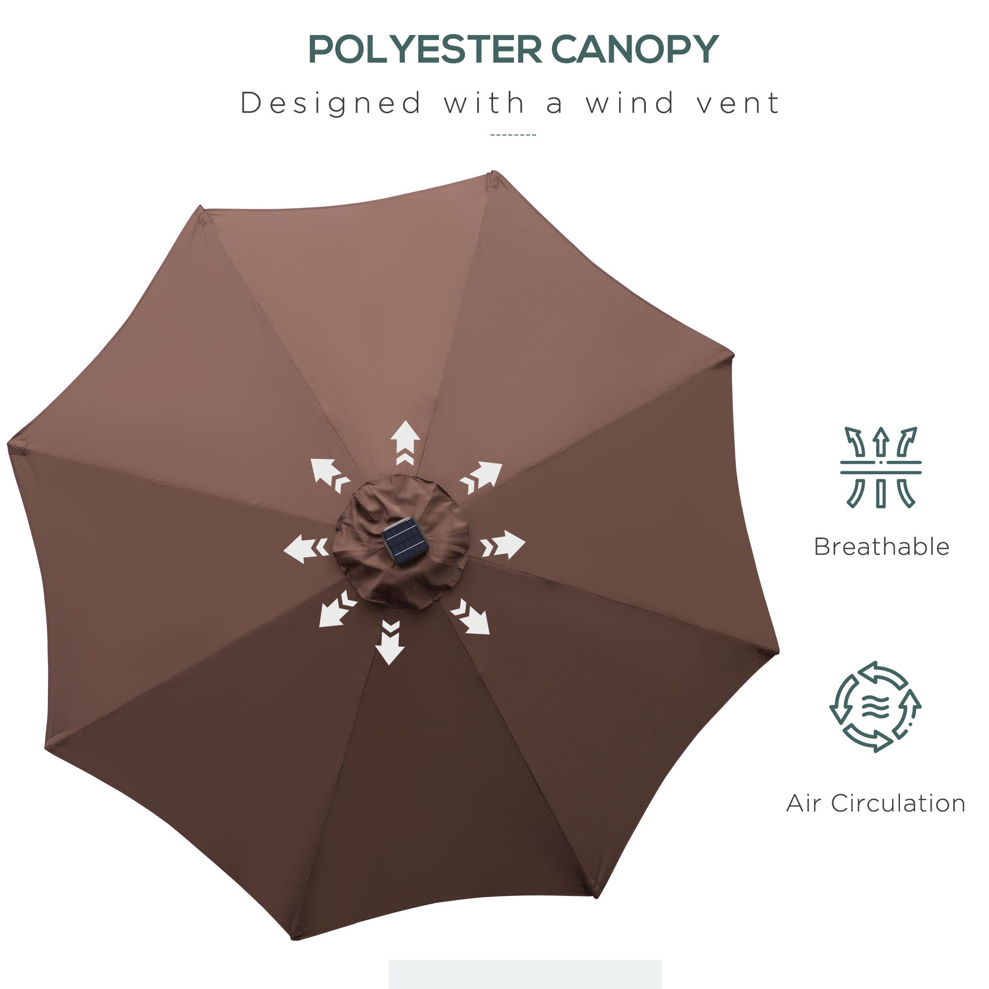 Outsunny Φ2.7m Garden 24 LED Light Parasol Solar Outdoor Tilt Sun Umbrella Patio Club Party Event Manual Sun Shade w/ Hand Crank and 8 Ribs, Brown