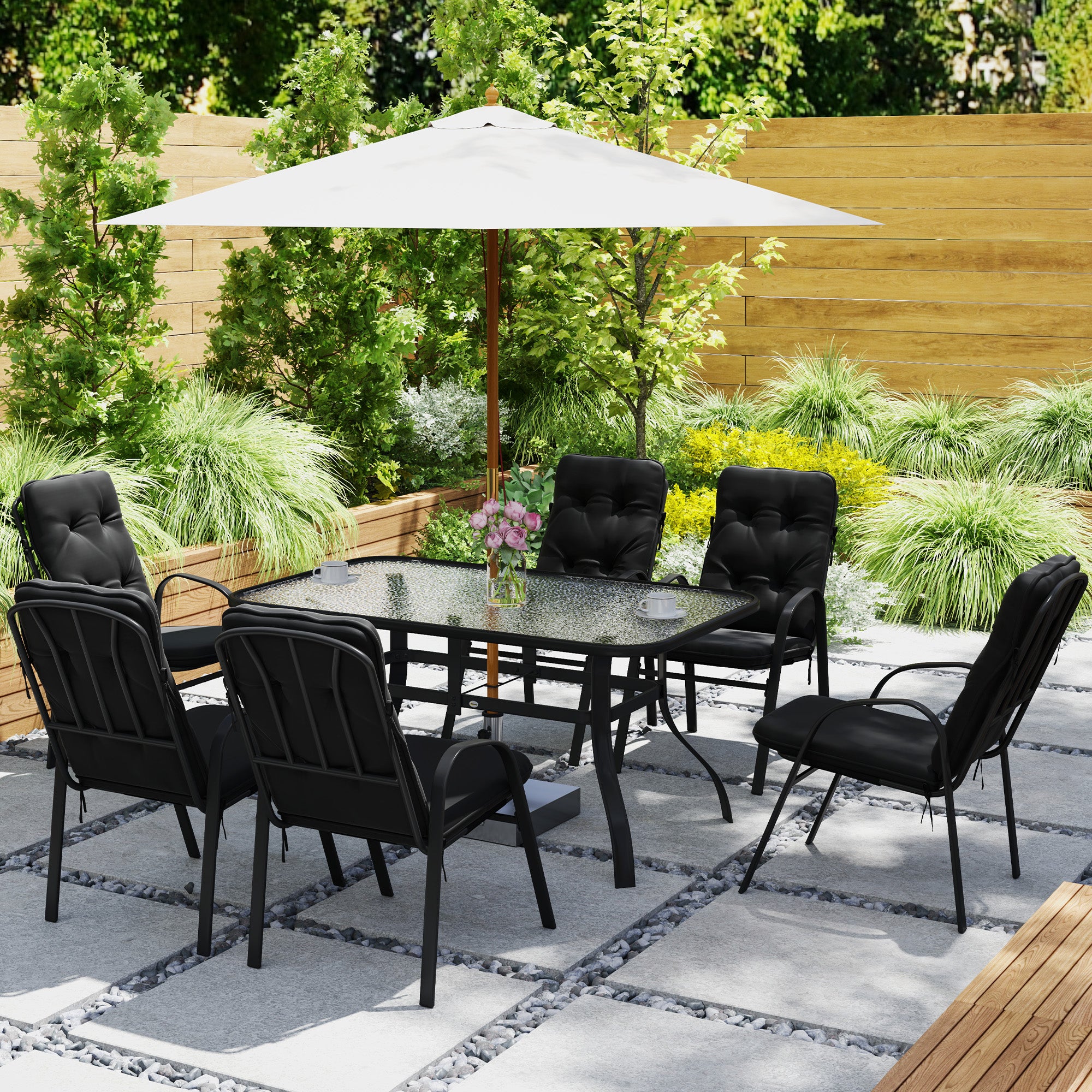 Outsunny Seven-Piece Garden Dining Set with Cushions - Black - North Peak Garden Furniture