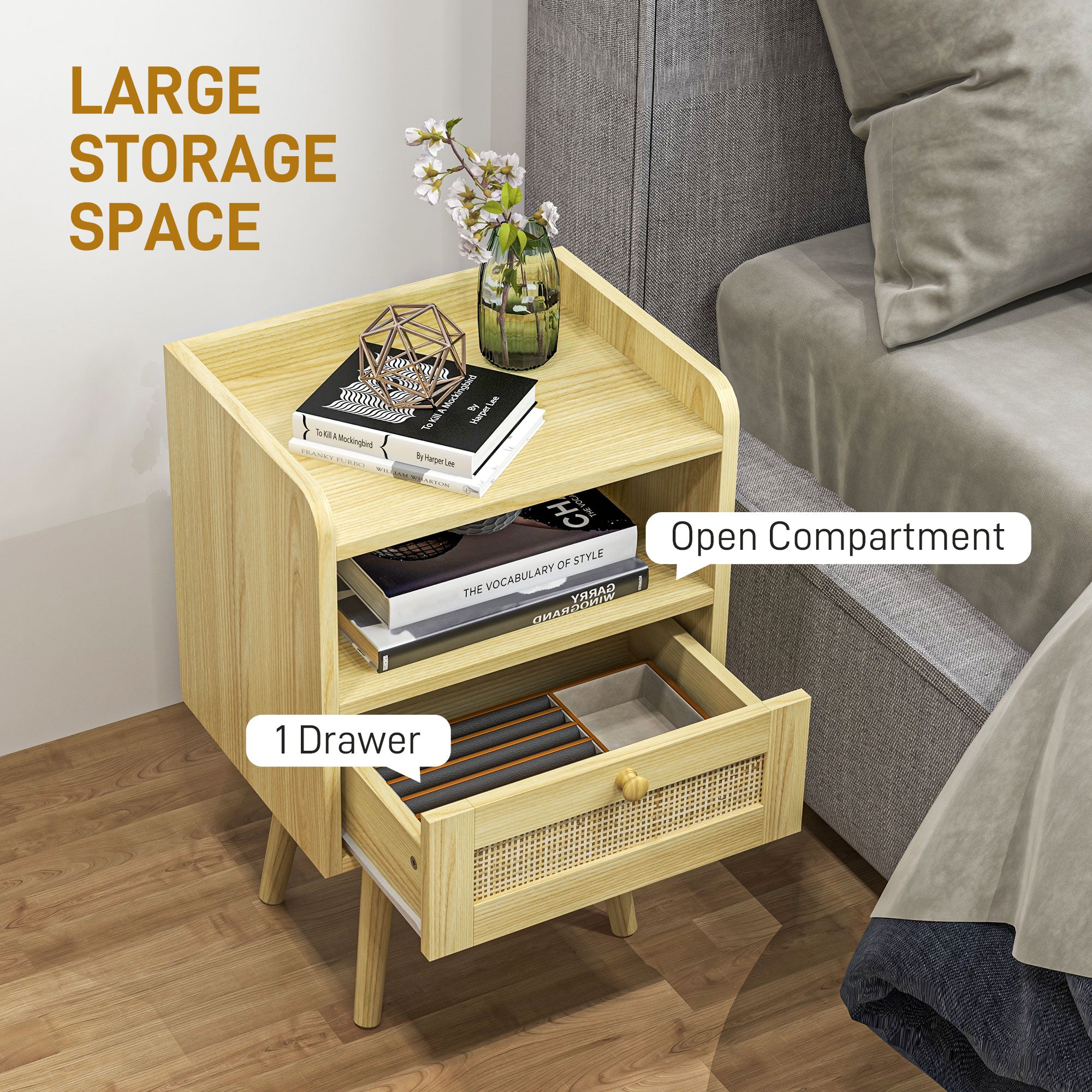 HOMCOM Set of Two Rattan Weave Bedside Tables - Wood Effect - North Peak Garden Furniture
