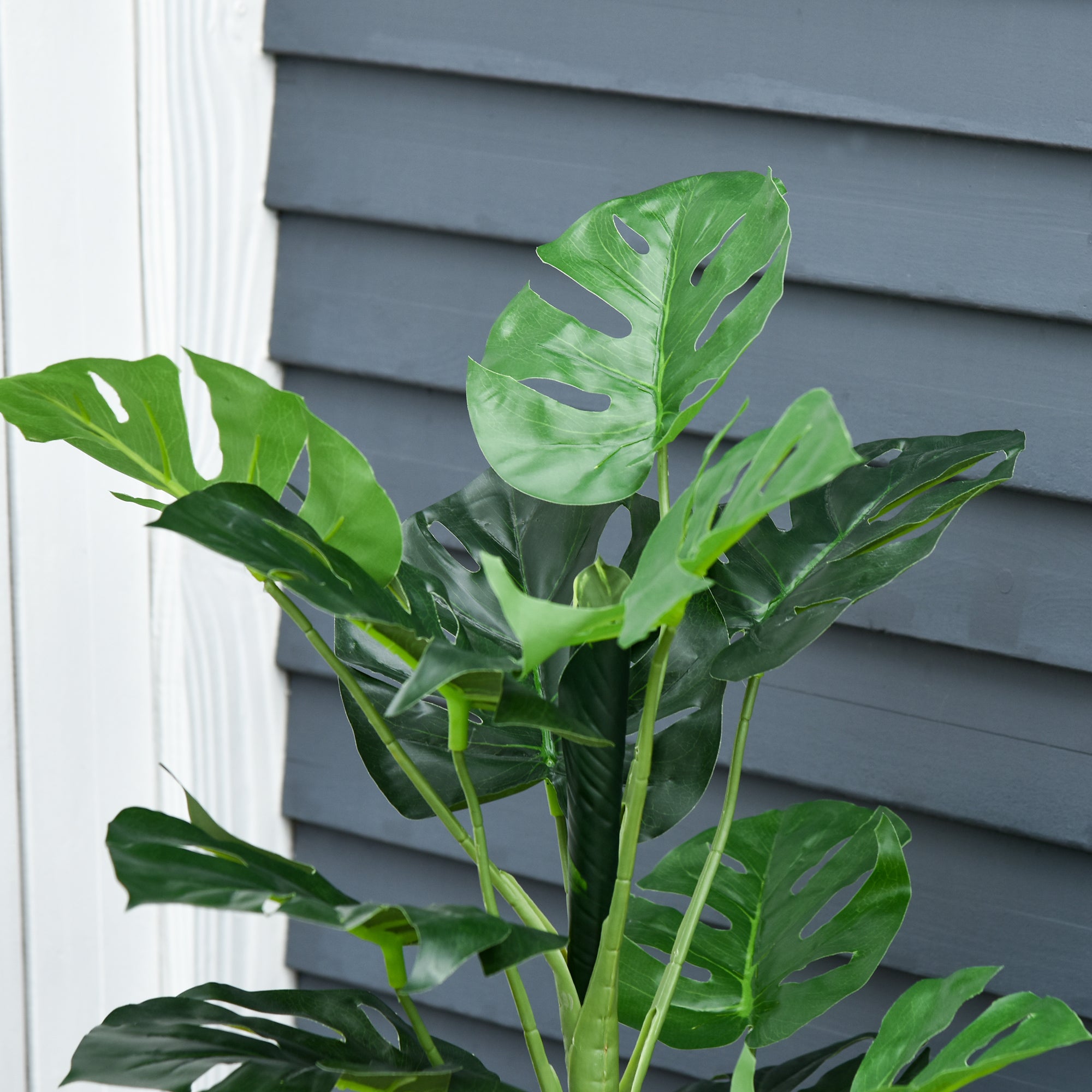 Outsunny 100cm/3.3FT Artificial Monstera Tree Decorative Cheese Plant 21 Leaves with Nursery Pot, Fake Tropical Palm Tree for Indoor Outdoor Décor, Set of 2 - North Peak Garden Furniture