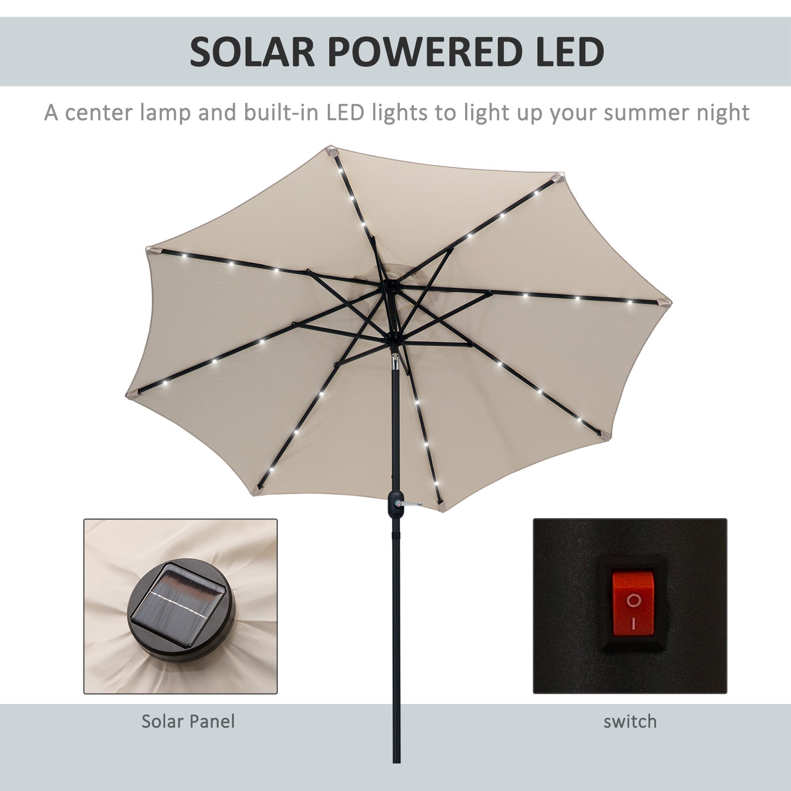 Outsunny 2.7m Patio Garden Umbrella Outdoor Parasol with Tilt Crank and 24 LEDs Lights (Cream) - North Peak Garden Furniture
