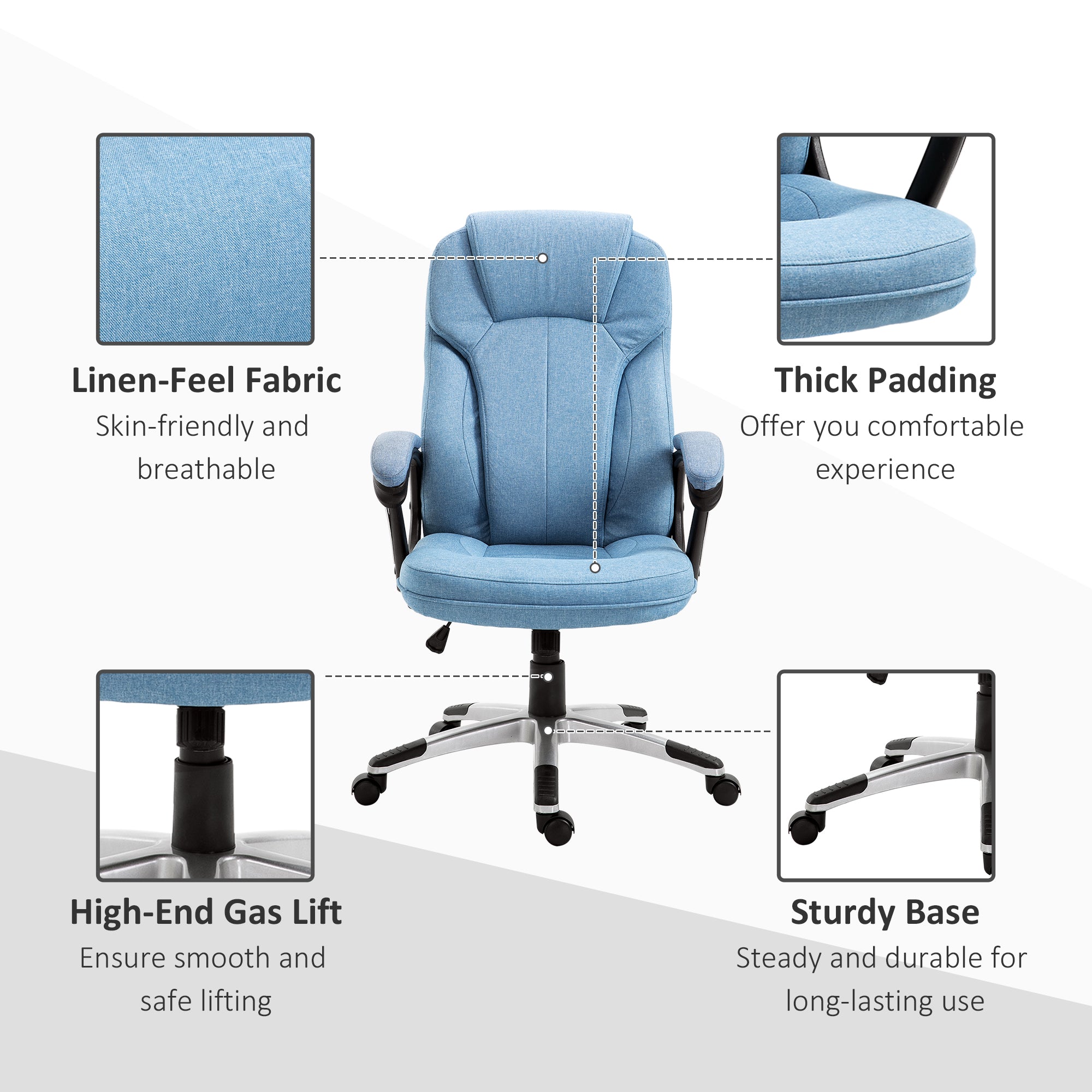 Vinsetto Office Chair, Linen Fabric Desk Chair, Height Adjustable Computer Chair with Padded Armrests, Swivel Wheels and Tilt Function, Blue - North Peak Garden Furniture