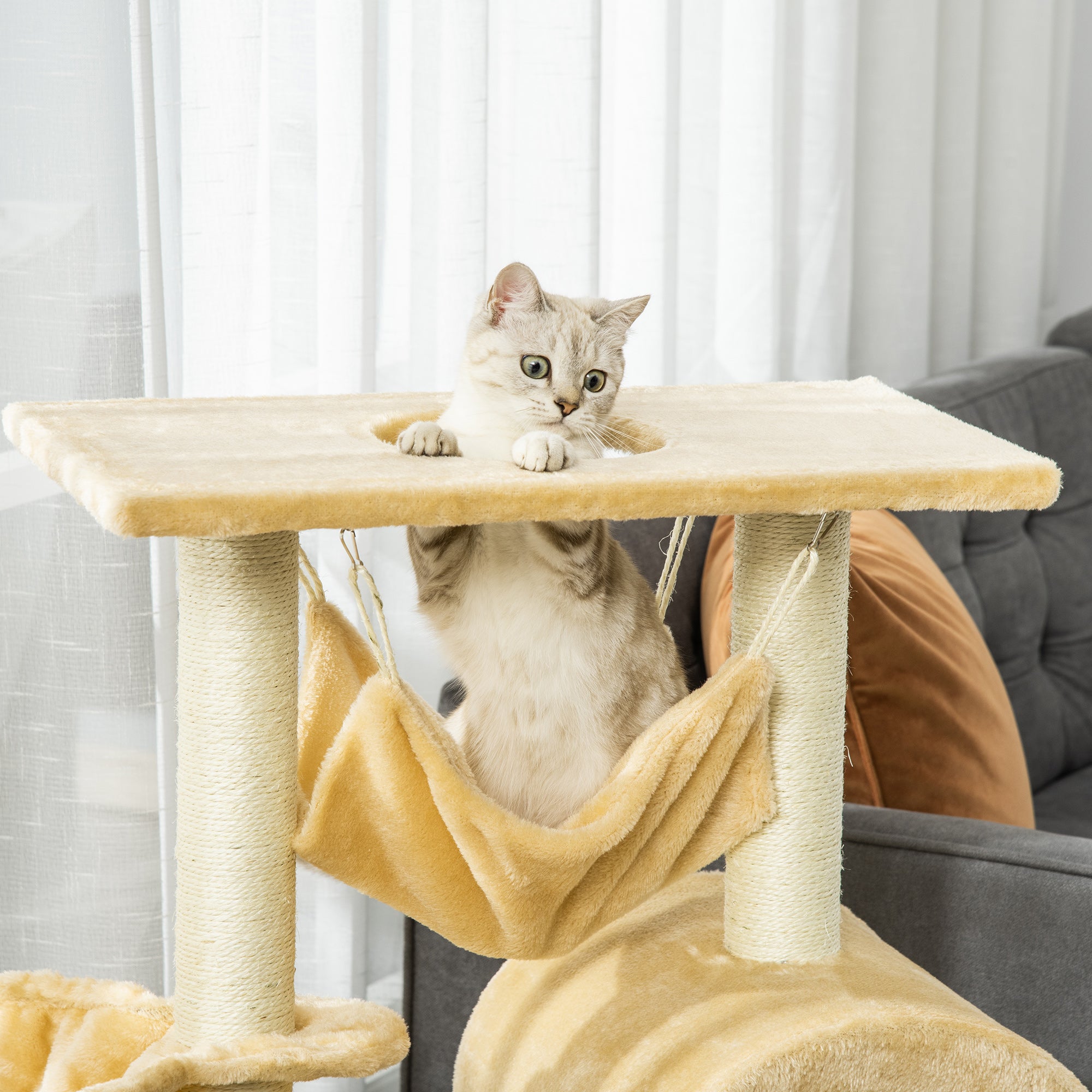 PawHut Cat Tree Tower for Indoor Cats Kitten Activity Centre Scratching Post w/ Hammock House Basket Ladder - Beige - North Peak Garden Furniture