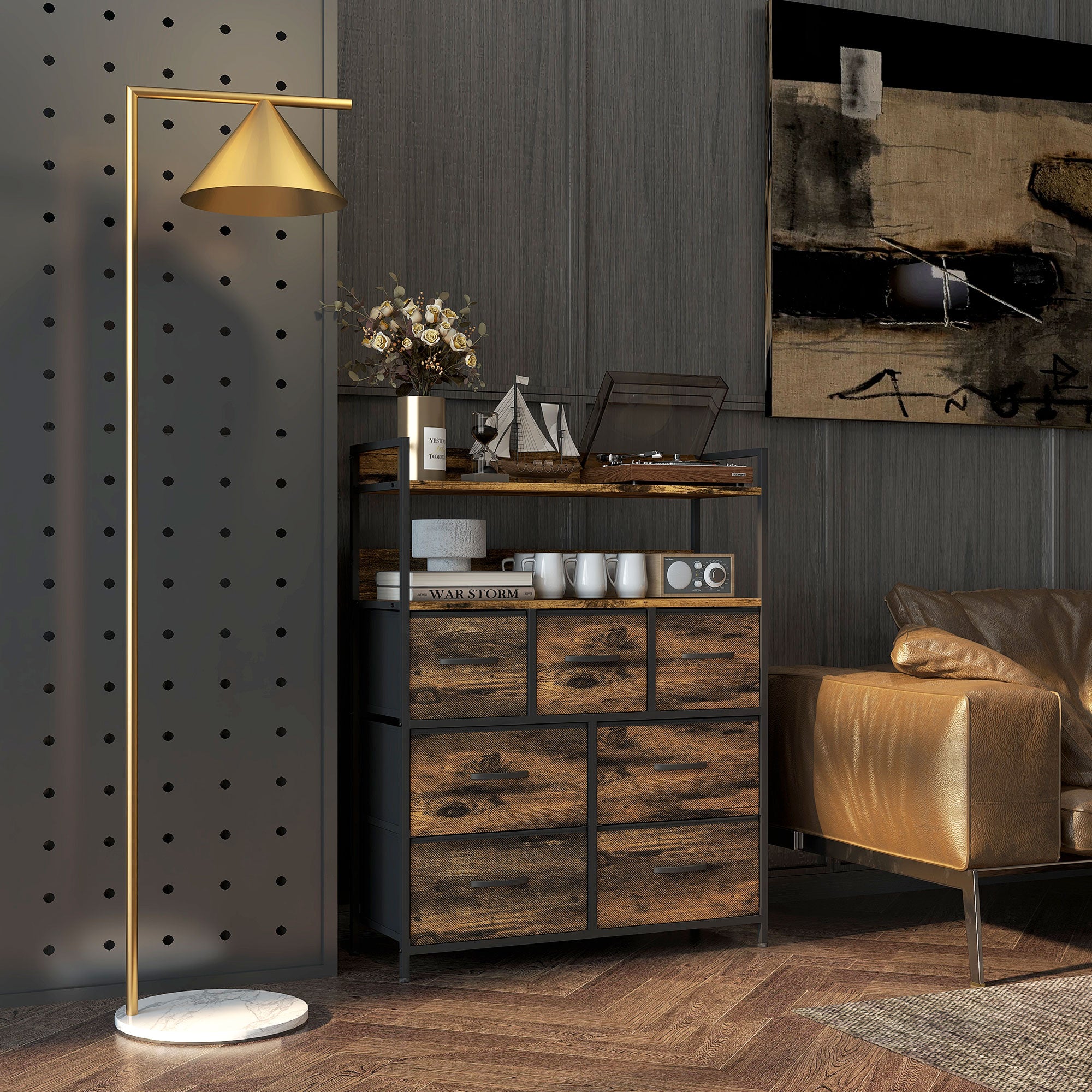 HOMCOM Rustic Chest of Seven Fabric Drawers - Rustic Brown - North Peak Garden Furniture