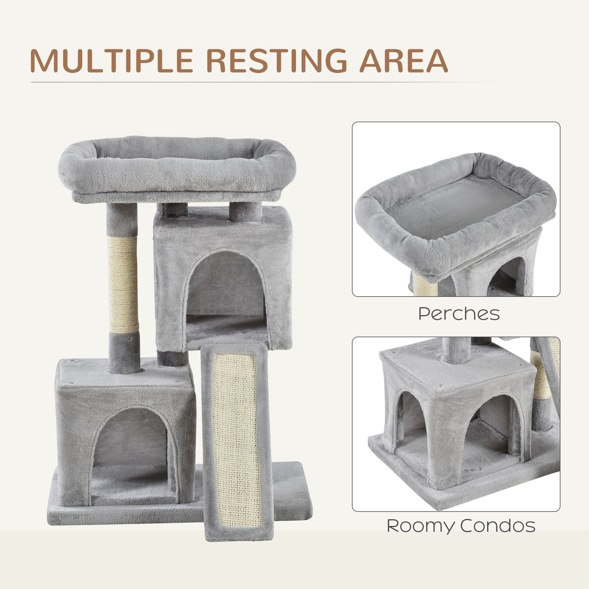 PawHut Feline Fortress: 3-Tier Cat Tower with Sisal Scratchers, Leisure Lounge in Light Grey