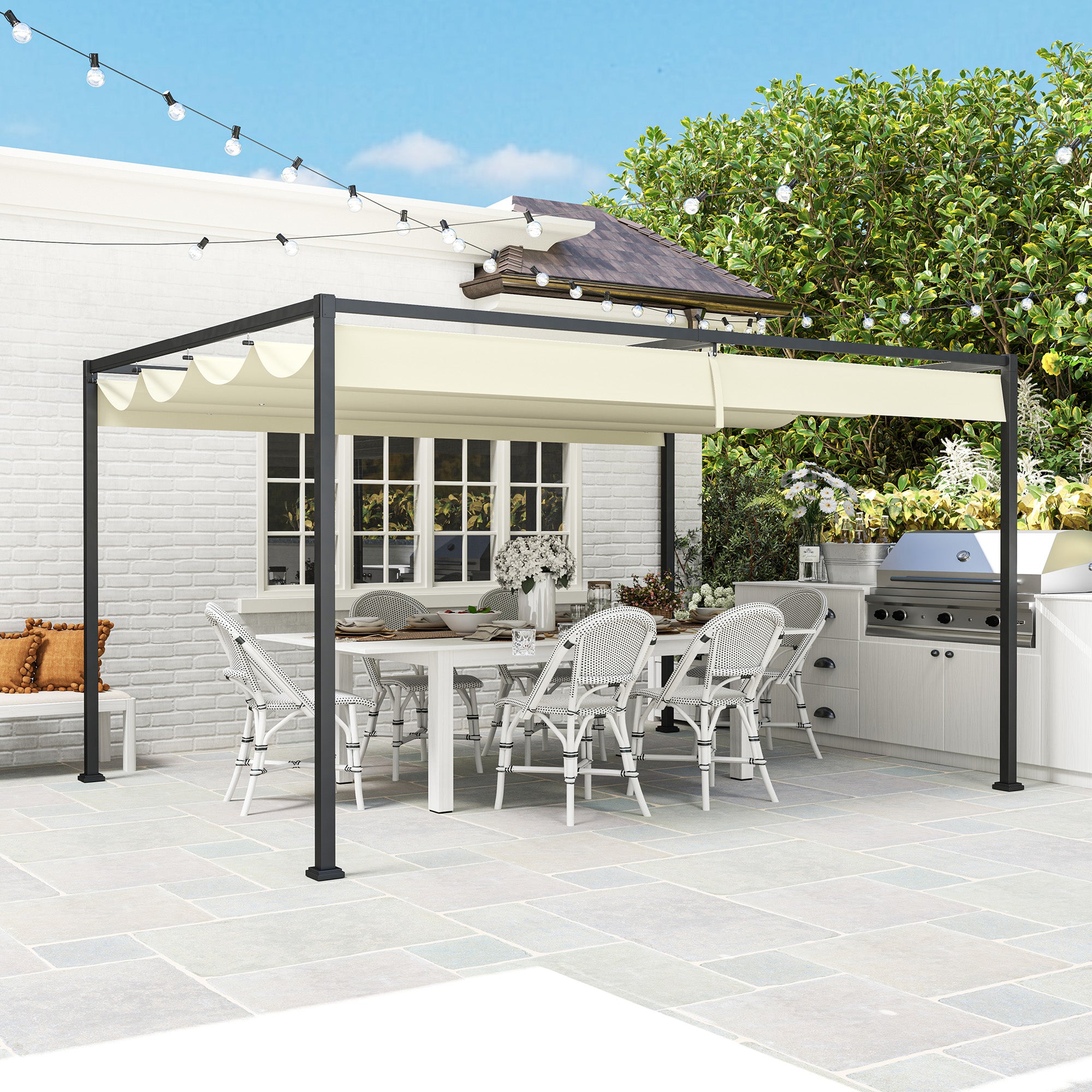 Outsunny 4 x 3(m) Metal Pergola with Retractable Roof, Garden Gazebo Canopy Shelter for Outdoor, Patio, Cream White