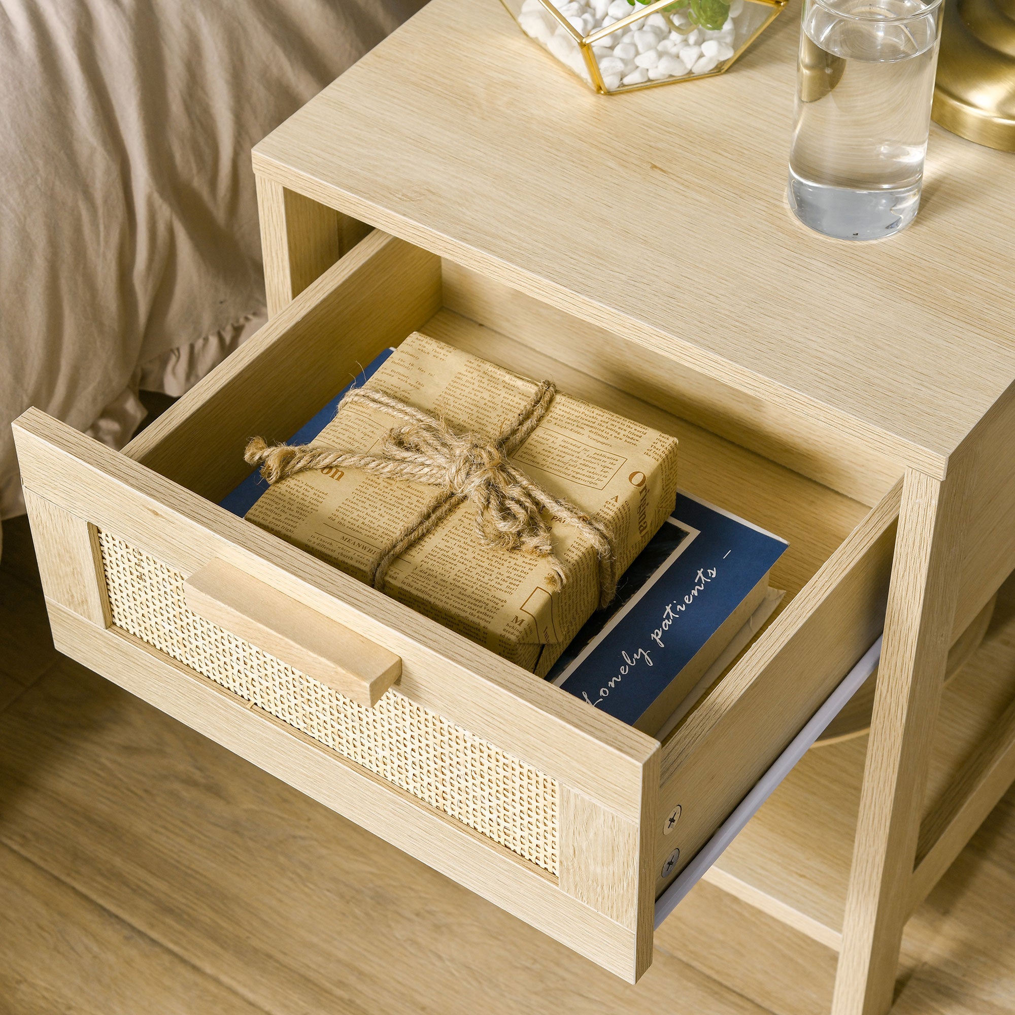 HOMCOM Bedside Table, Nightstand with Rattan Drawer and Storage Open Shelf, Farmhouse Side Table for Bedroom, Living Room, Set of 2 - North Peak Garden Furniture