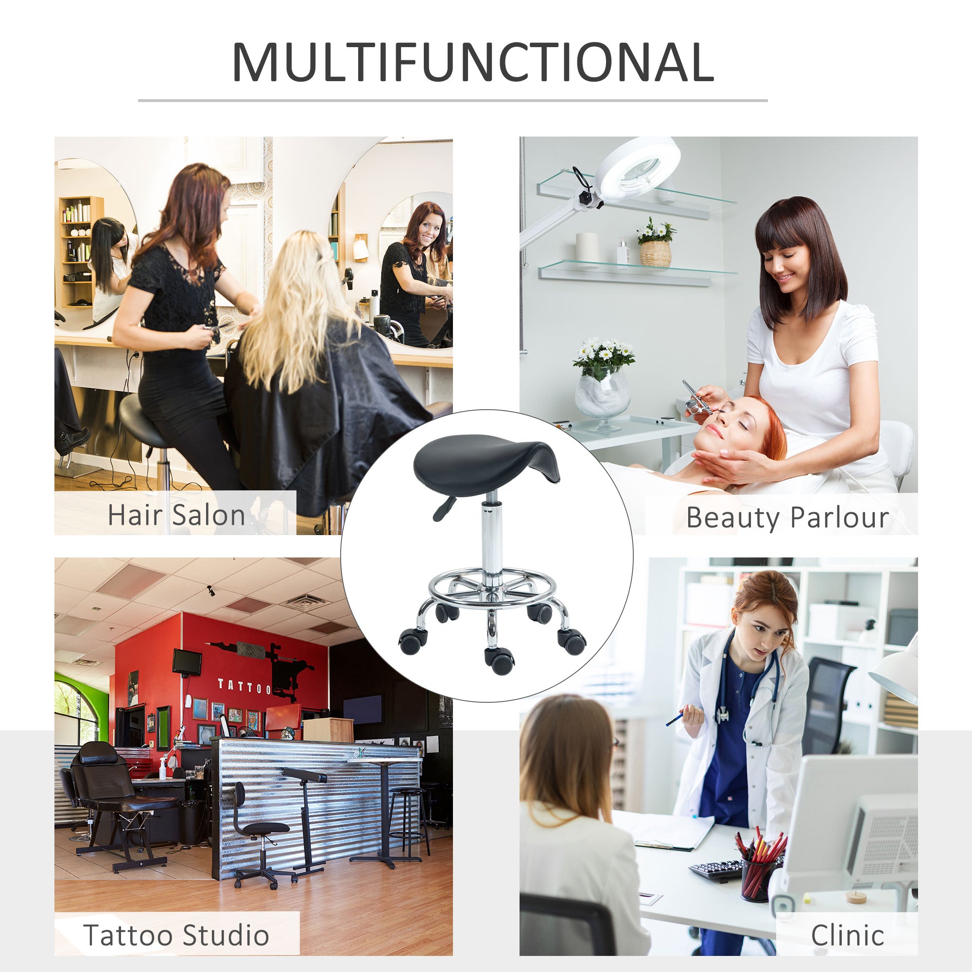HOMCOM Salon Saddle Stool, Rolling Saddle Chair for Massage, Spa, Clinic, Beauty, Hairdressing and Tattoo, Black - North Peak Garden Furniture