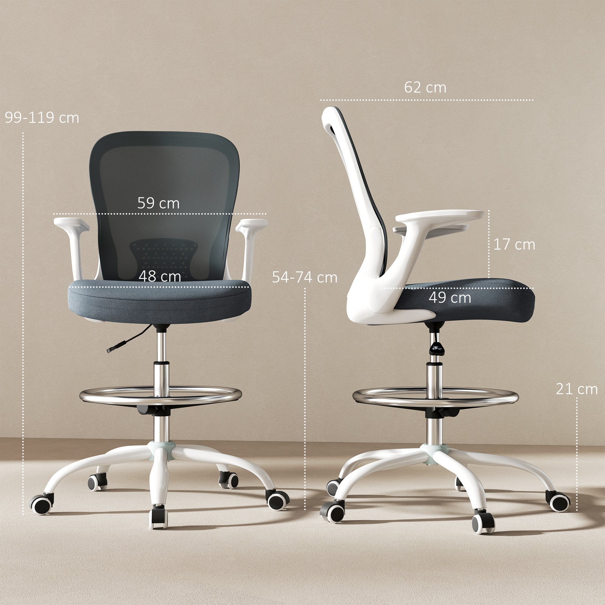 HOMCOM Draughtsman Chair, Mesh Drafting Chair, Ergonomic Office Chair with Flip-up Armrest, Adjustable Foot Ring, Grey - North Peak Garden Furniture